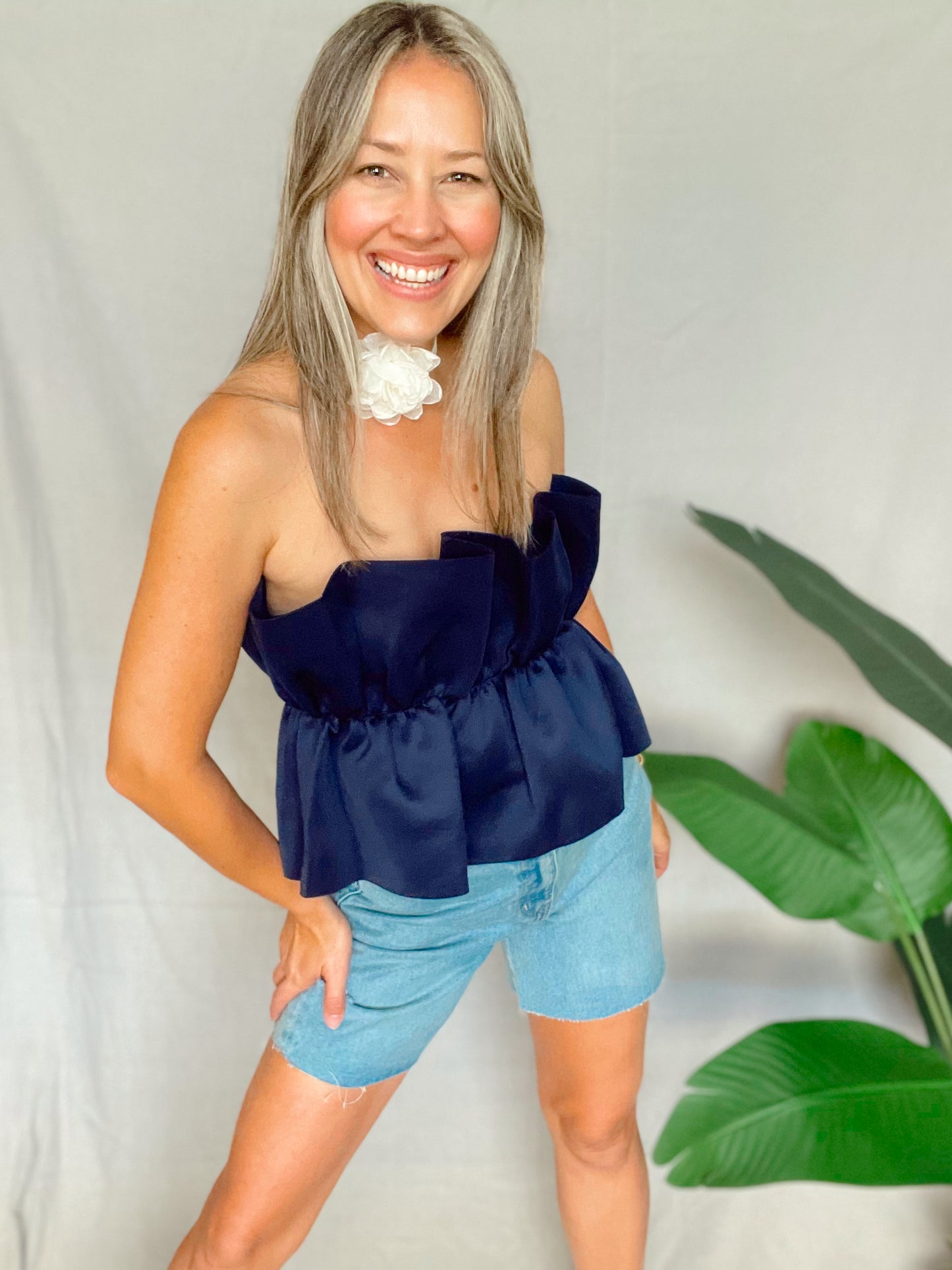 Ruffle Navy Solid Top