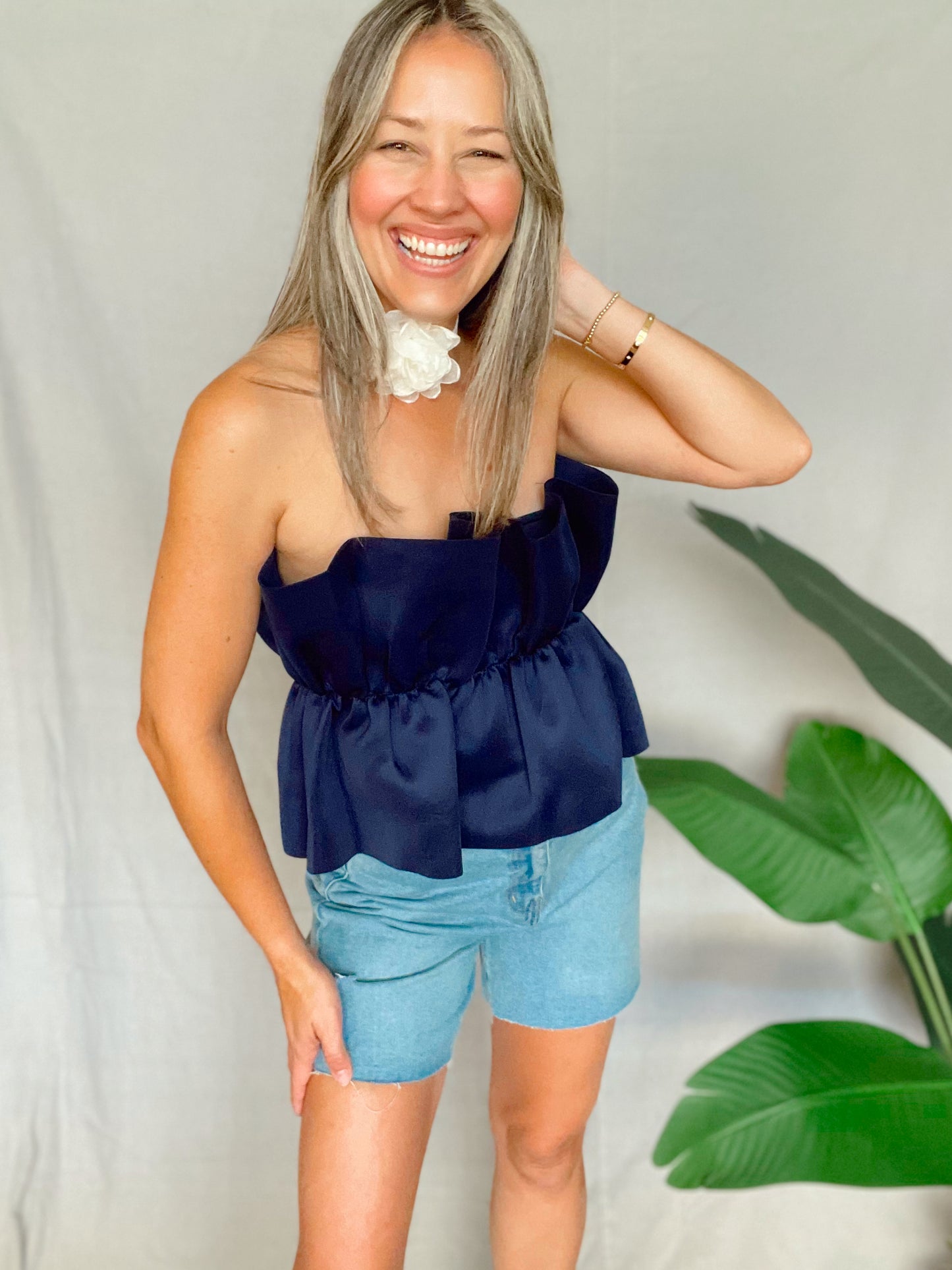 Ruffle Navy Solid Top