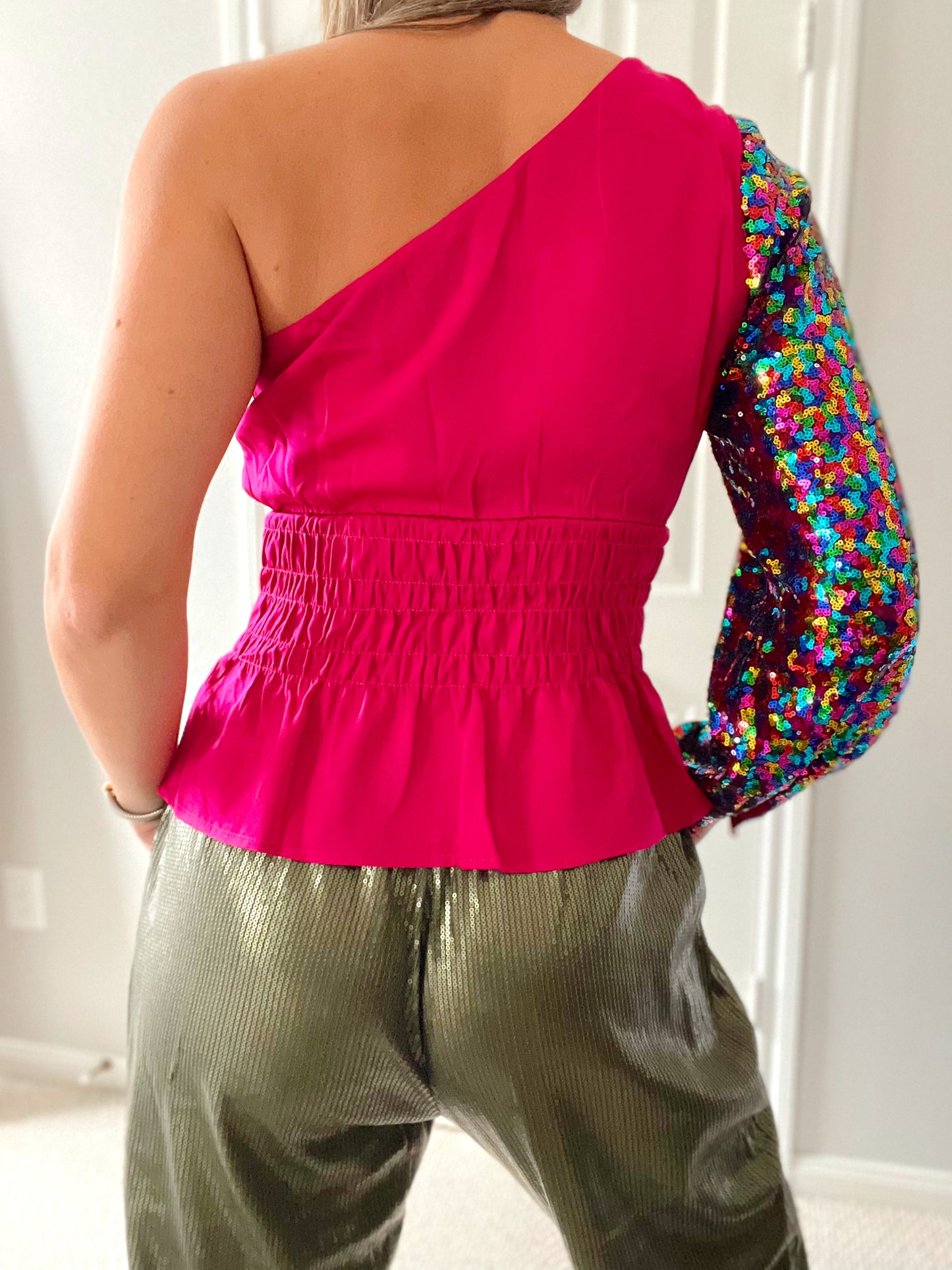 One Shoulder Sequins Magenta Top