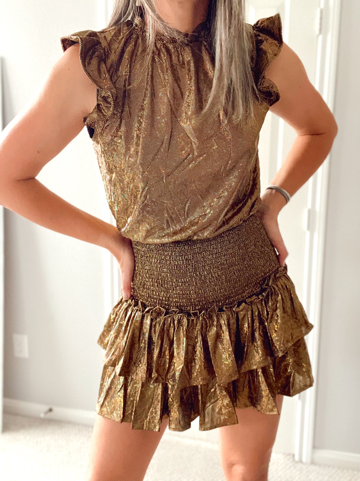 Tere Metallic Gold Ruffle Dress