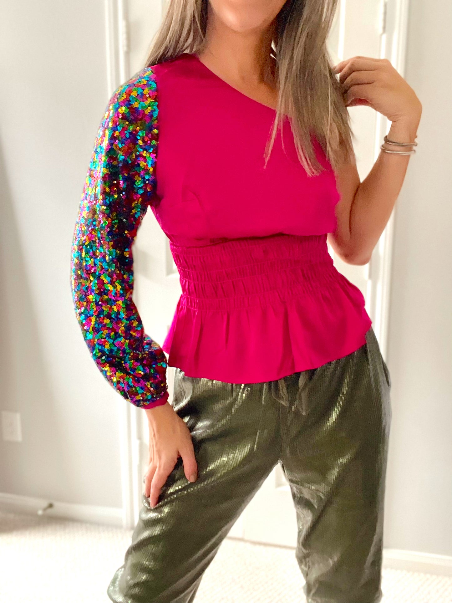 One Shoulder Sequins Magenta Top