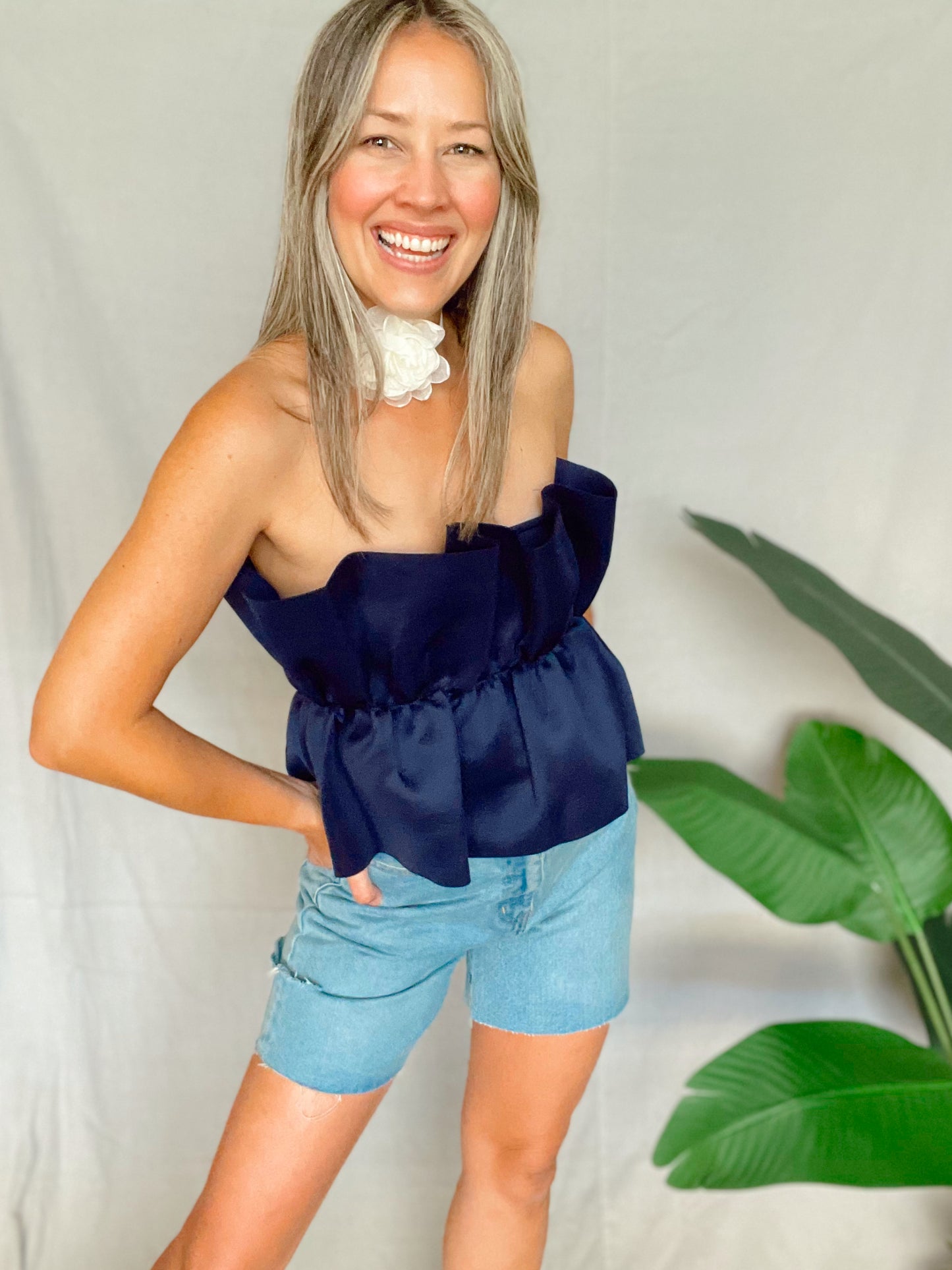 Ruffle Navy Solid Top
