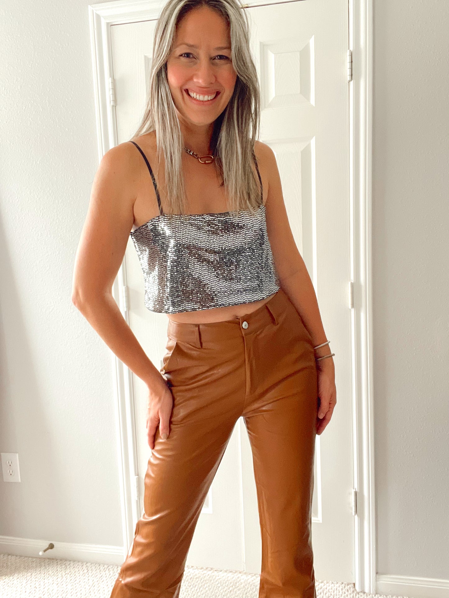 Hight waist Leather Camel Wide Leg Pants