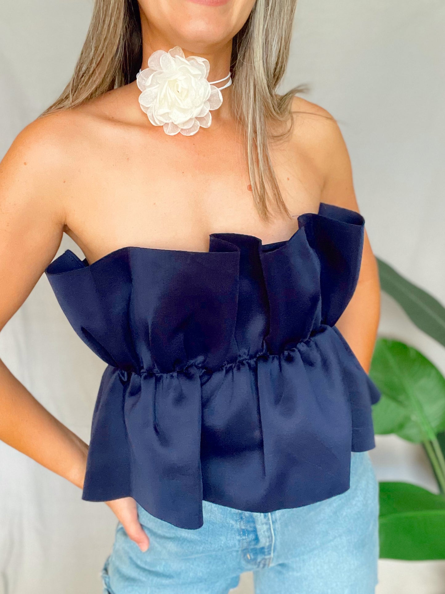 Ruffle Navy Solid Top