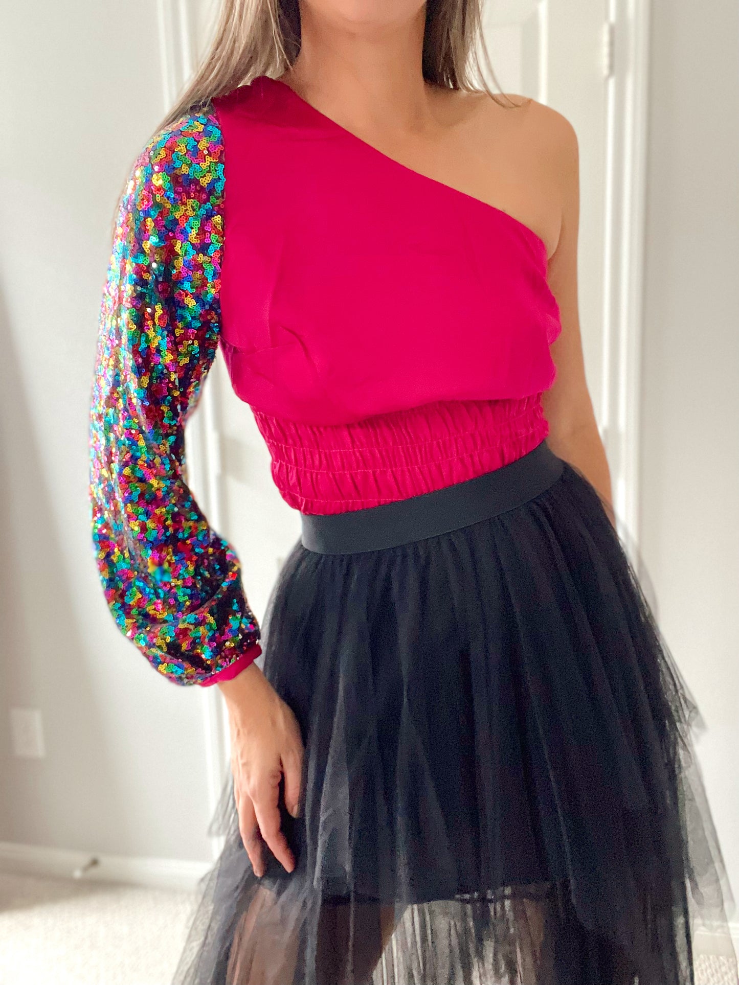 One Shoulder Sequins Magenta Top