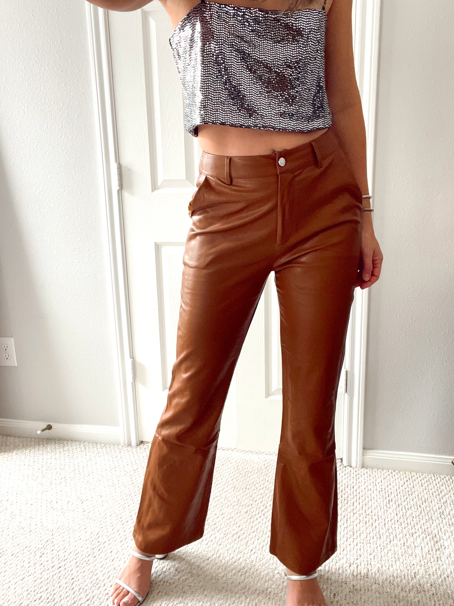 Hight waist Leather Camel Wide Leg Pants