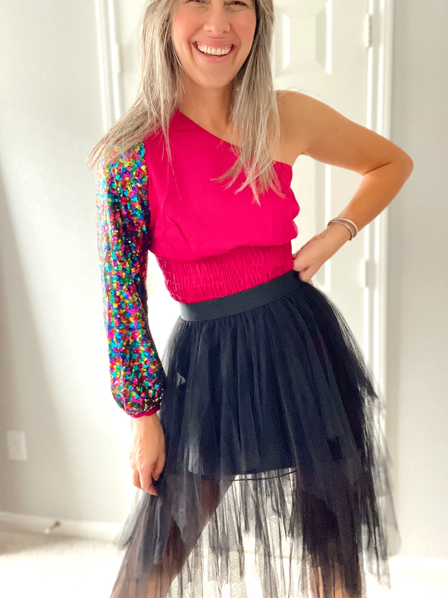 One Shoulder Sequins Magenta Top