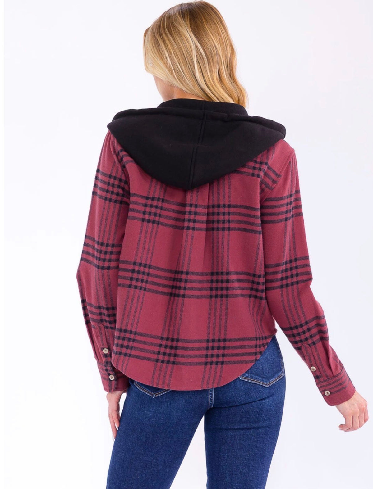 Long Sleeve Hooded Plaid Top