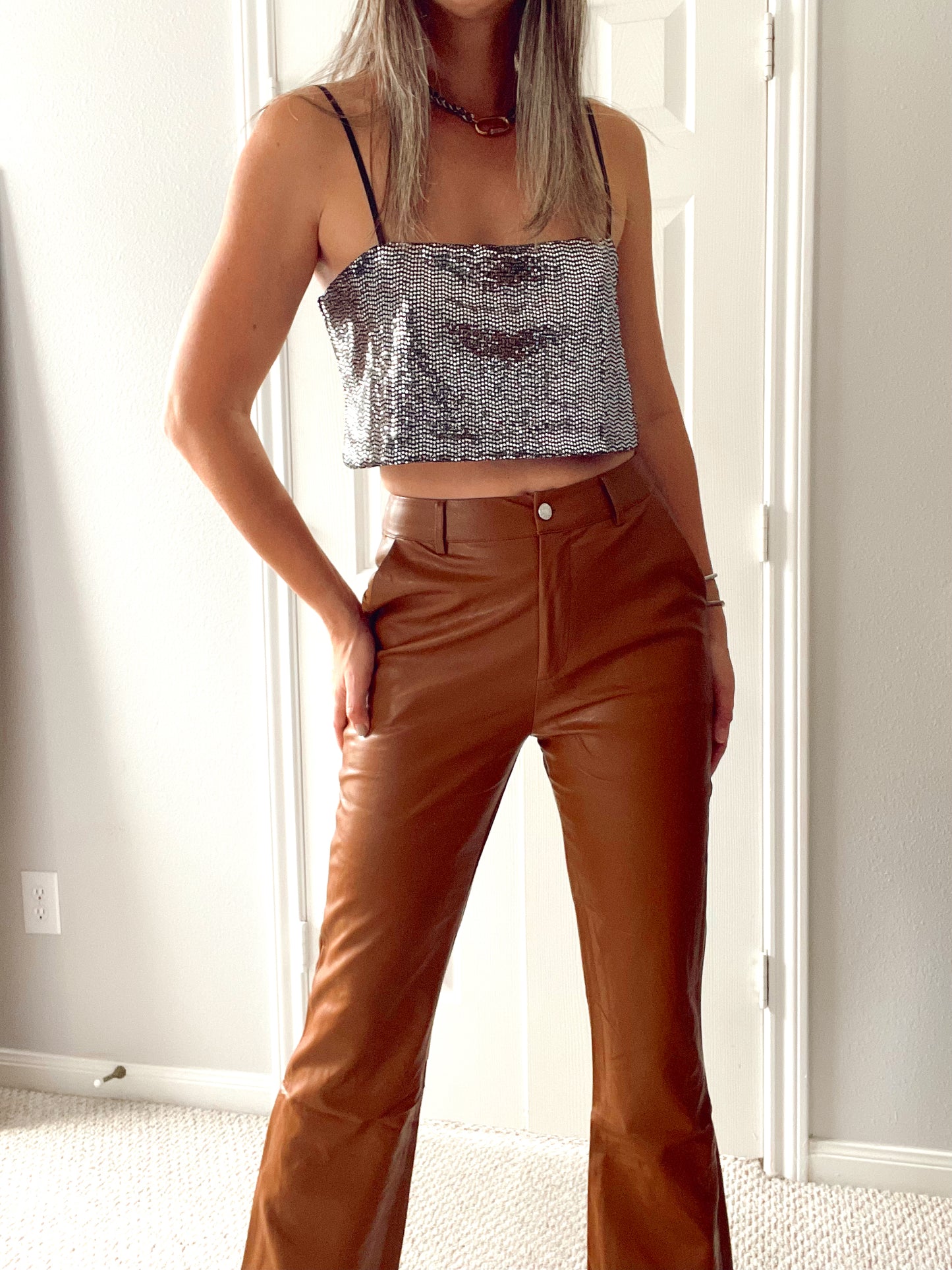 Hight waist Leather Camel Wide Leg Pants