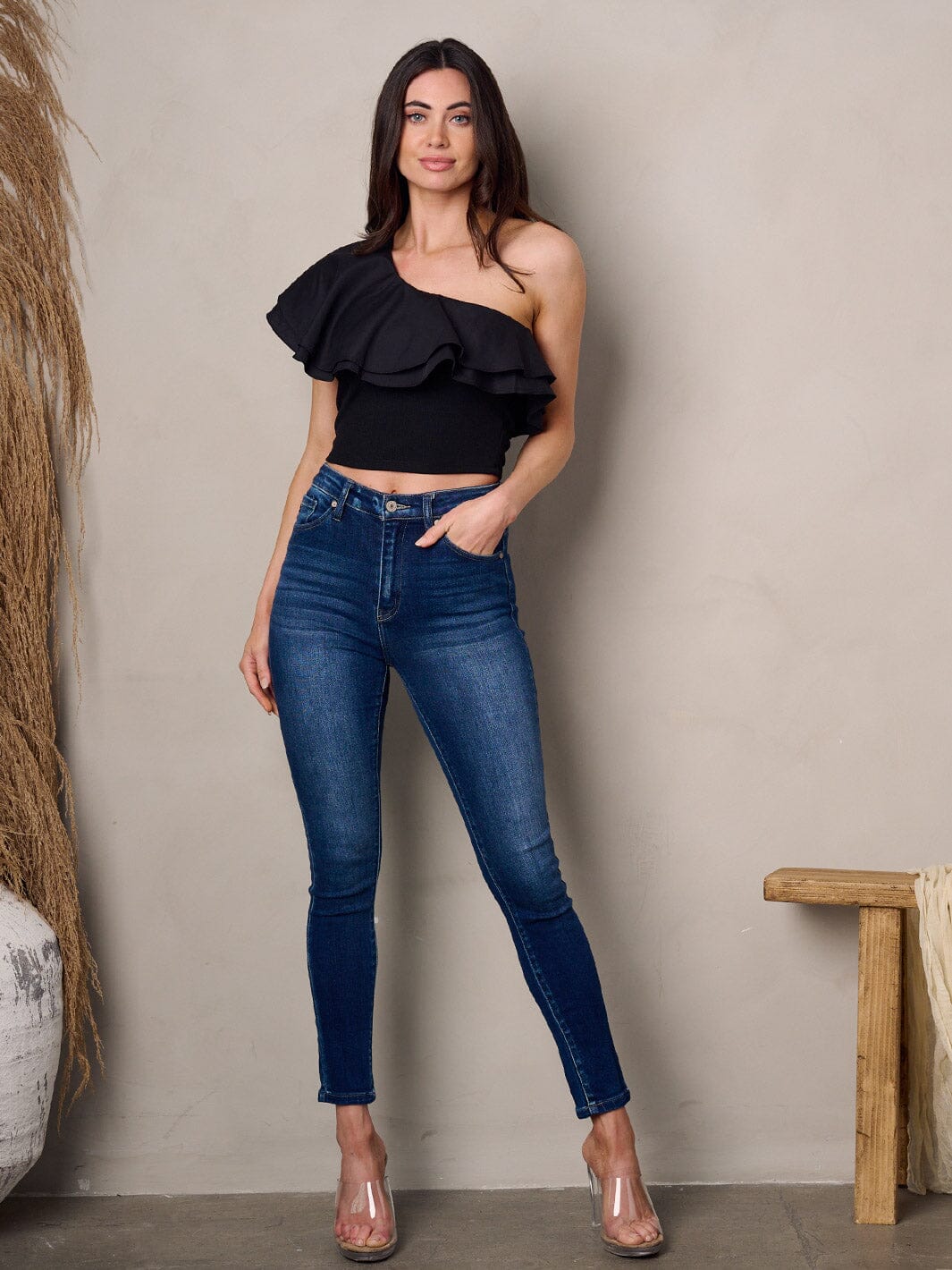 Shoulder Ruffle Black Crop Top