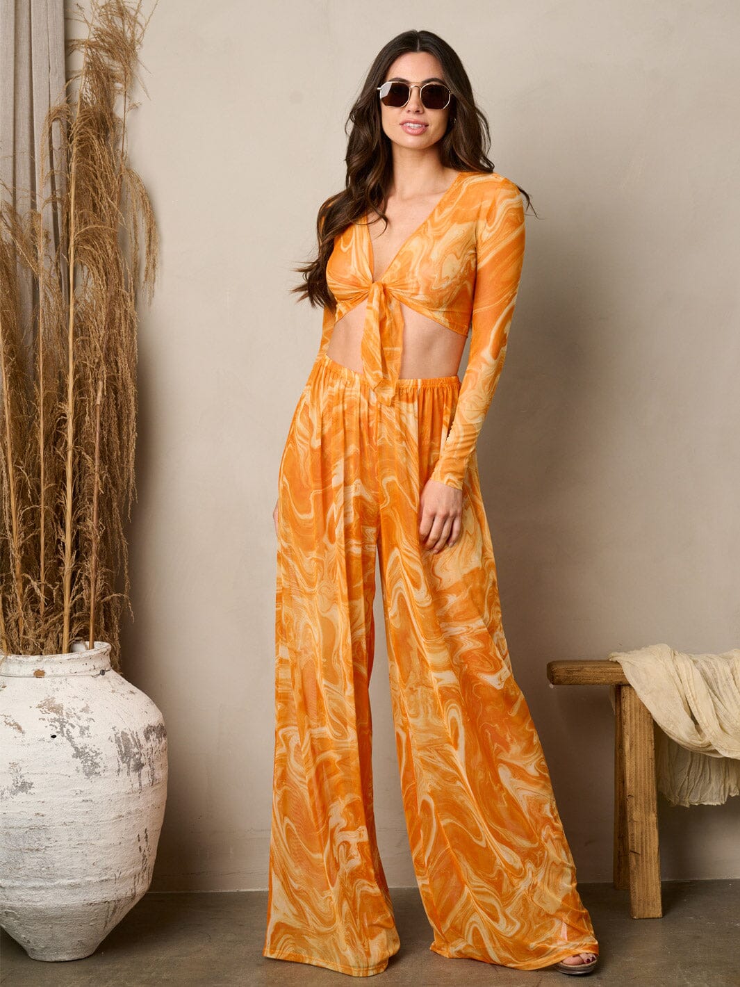 Wide Leg Marble Printed Swim Cover Up Pants