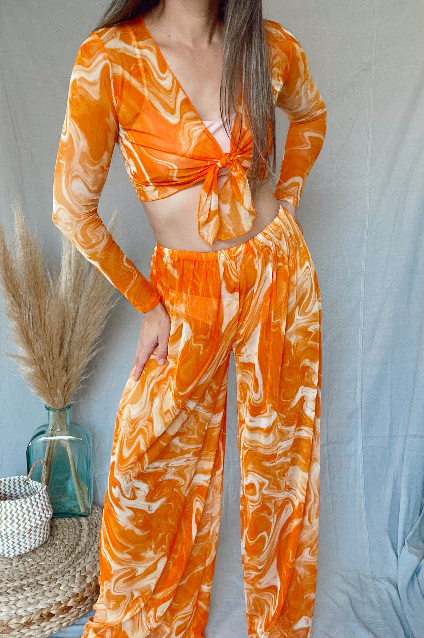 Wide Leg Marble Printed Swim Cover Up Pants