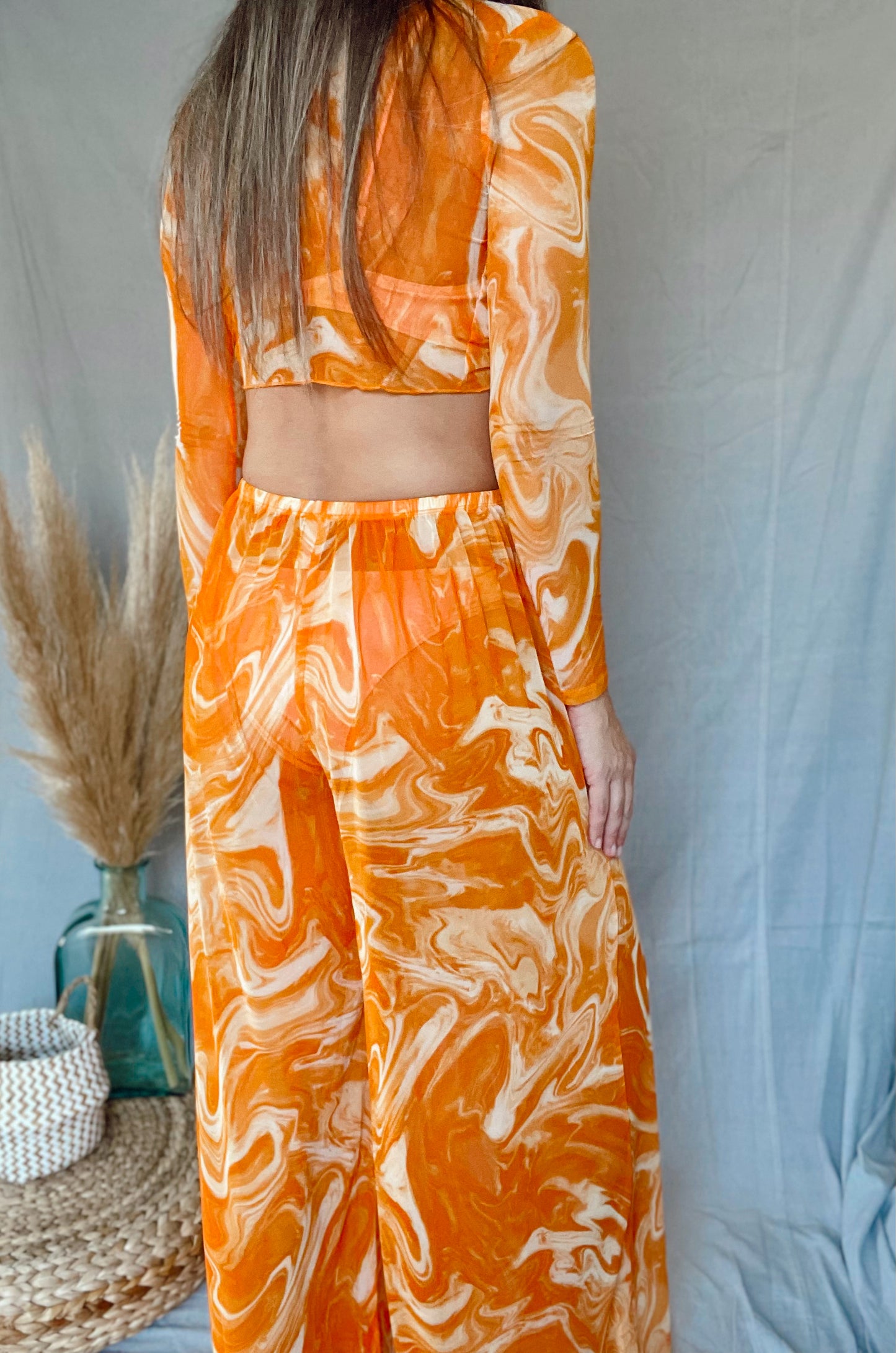 Wide Leg Marble Printed Swim Cover Up Pants