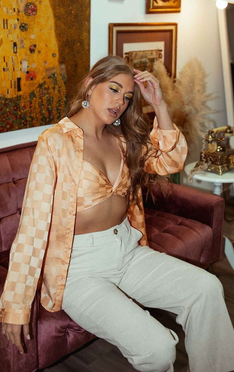 Checkered Satin Orange Top & Brallette