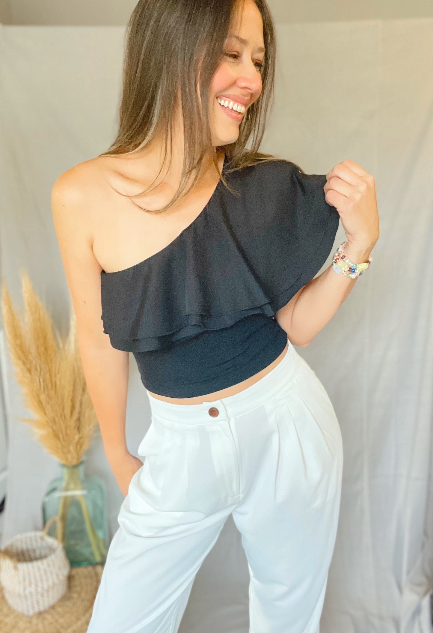 Shoulder Ruffle Black Crop Top