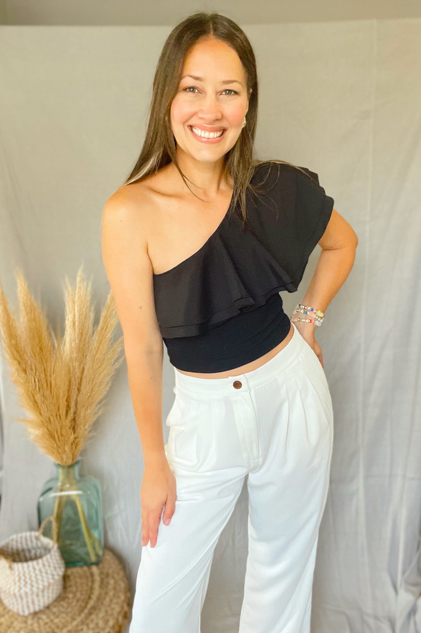 Shoulder Ruffle Black Crop Top