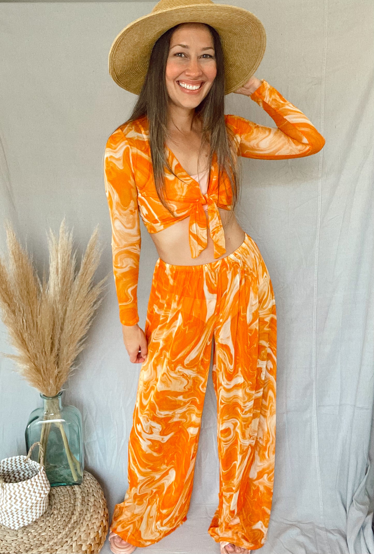 Wide Leg Marble Printed Swim Cover Up Pants