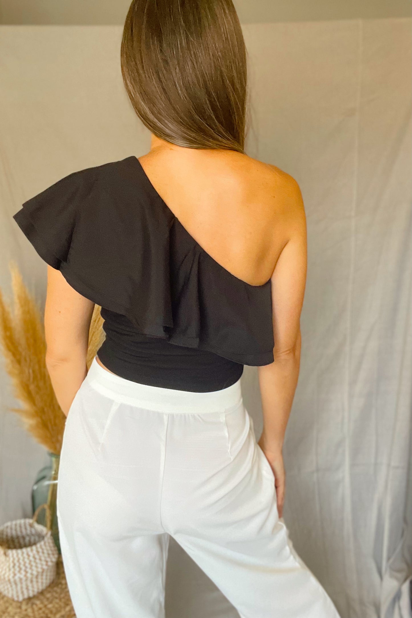 Shoulder Ruffle Black Crop Top