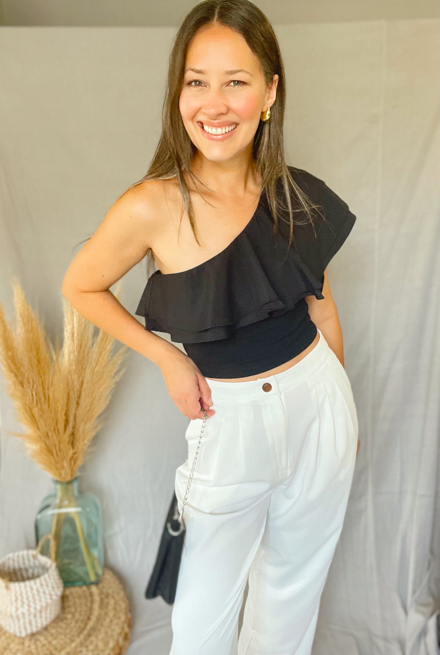 Shoulder Ruffle Black Crop Top