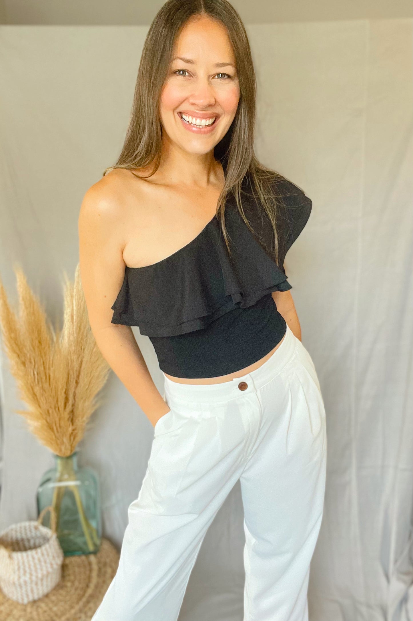 Shoulder Ruffle Black Crop Top
