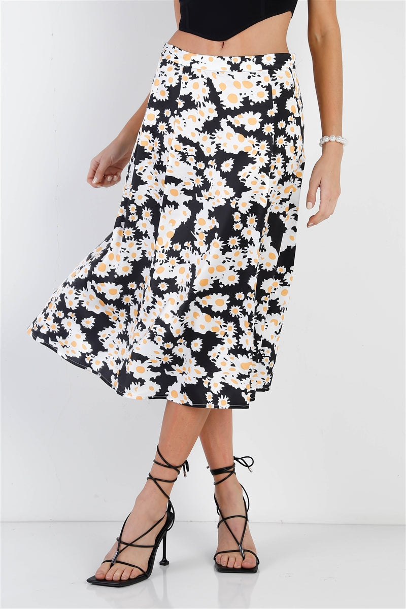Daisy Print Black Satin Midi Skirt