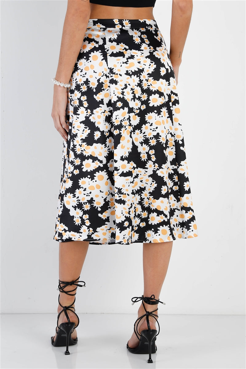 Daisy Print Black Satin Midi Skirt