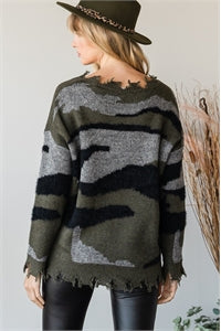 Camo Distressed Knit Sweater