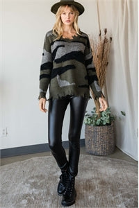 Camo Distressed Knit Sweater