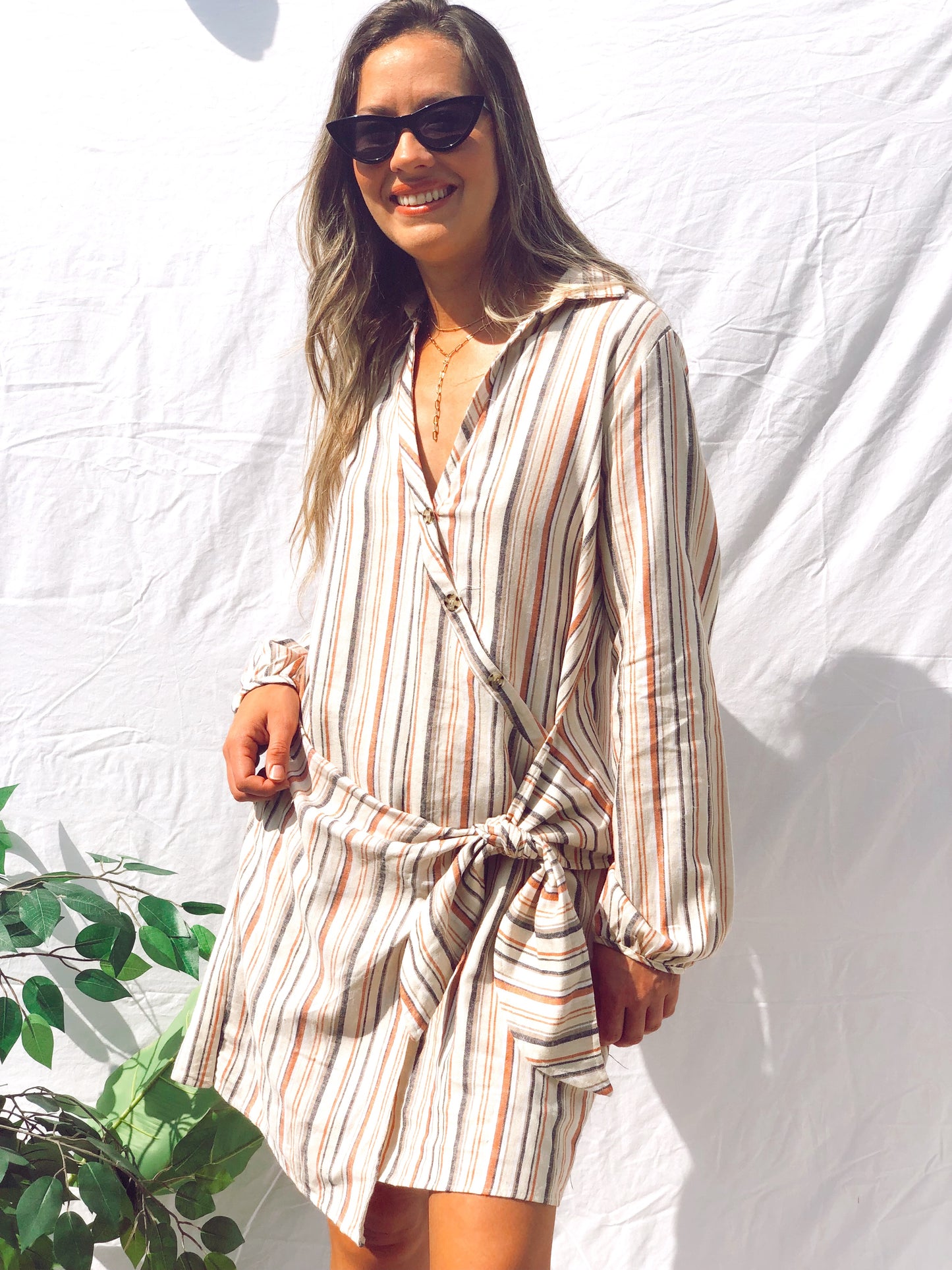 Bianca Stripe Front-Tie Long Sleeve Dress