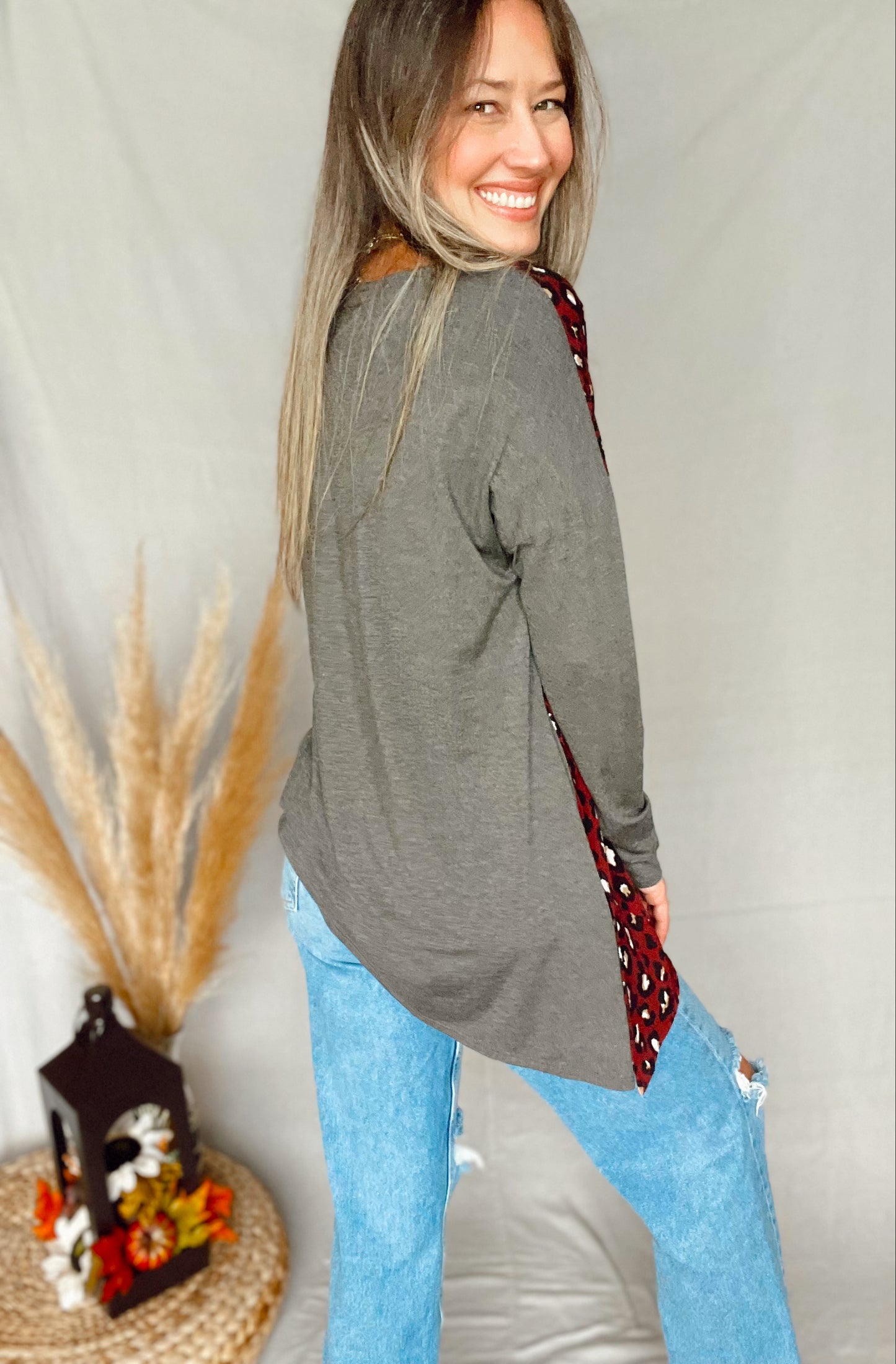 Charcoal Animal Print Asymetric Top