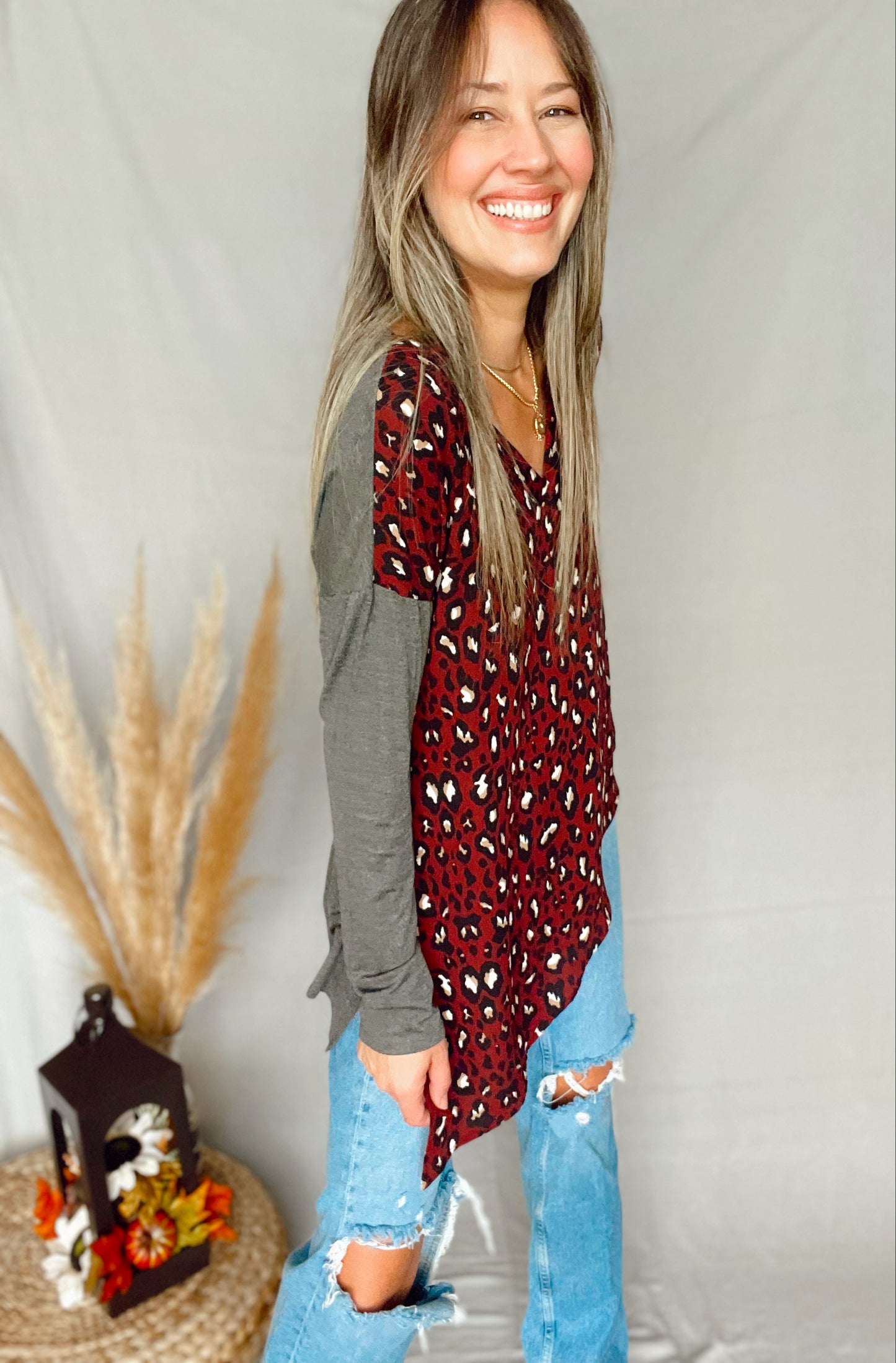 Charcoal Animal Print Asymetric Top