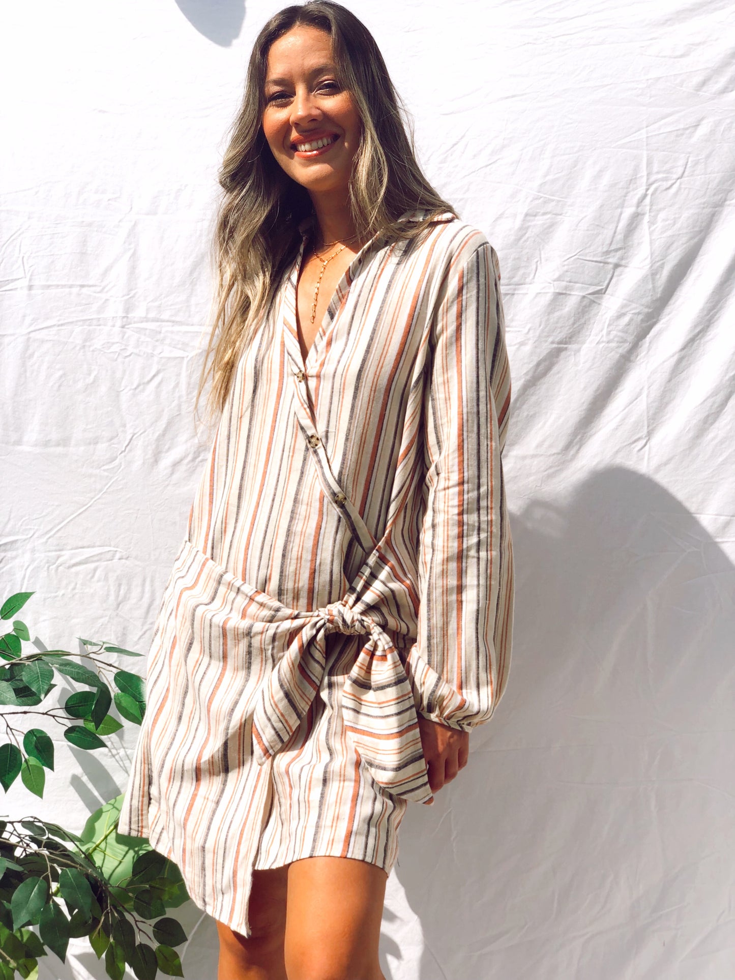 Bianca Stripe Front-Tie Long Sleeve Dress