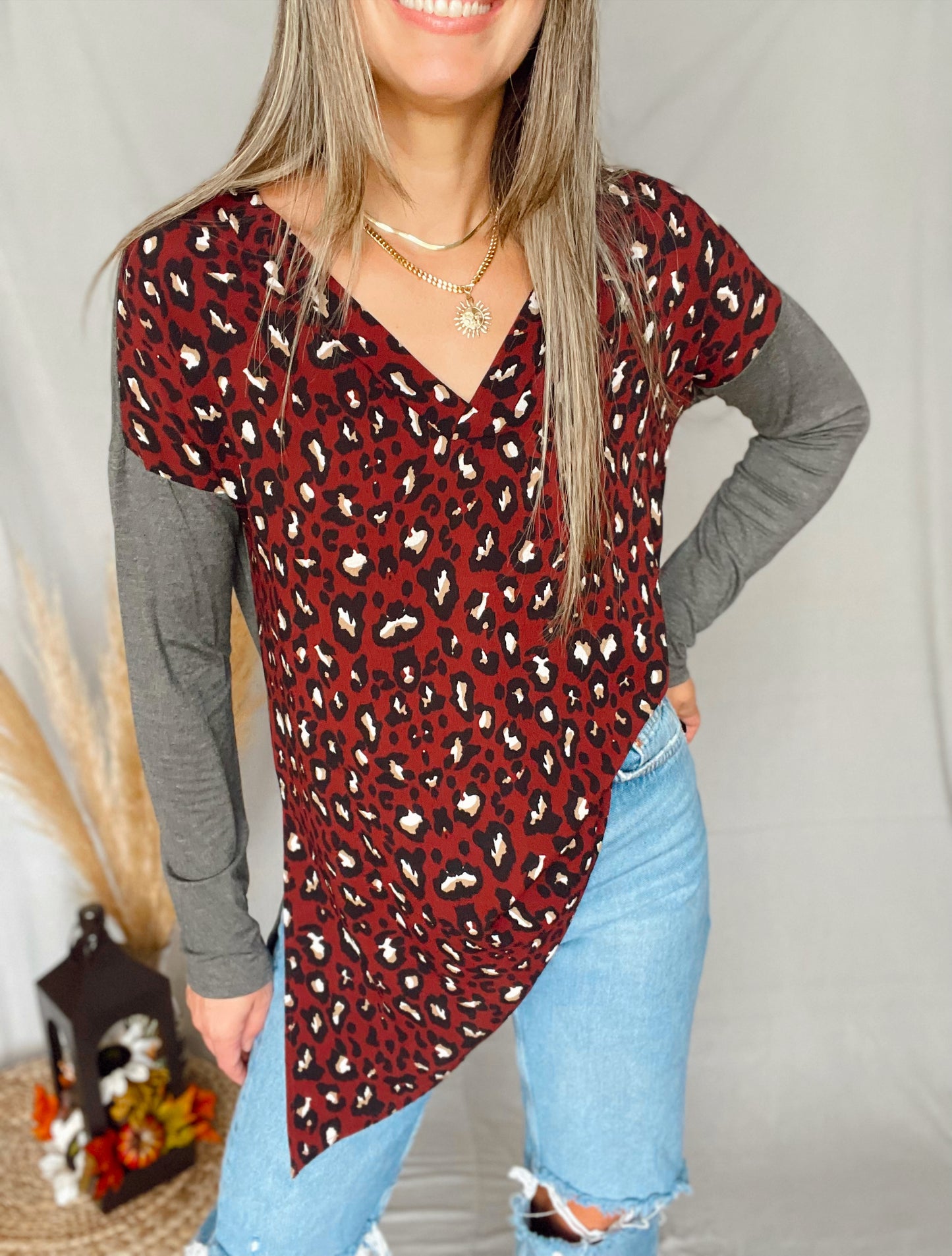 Charcoal Animal Print Asymetric Top