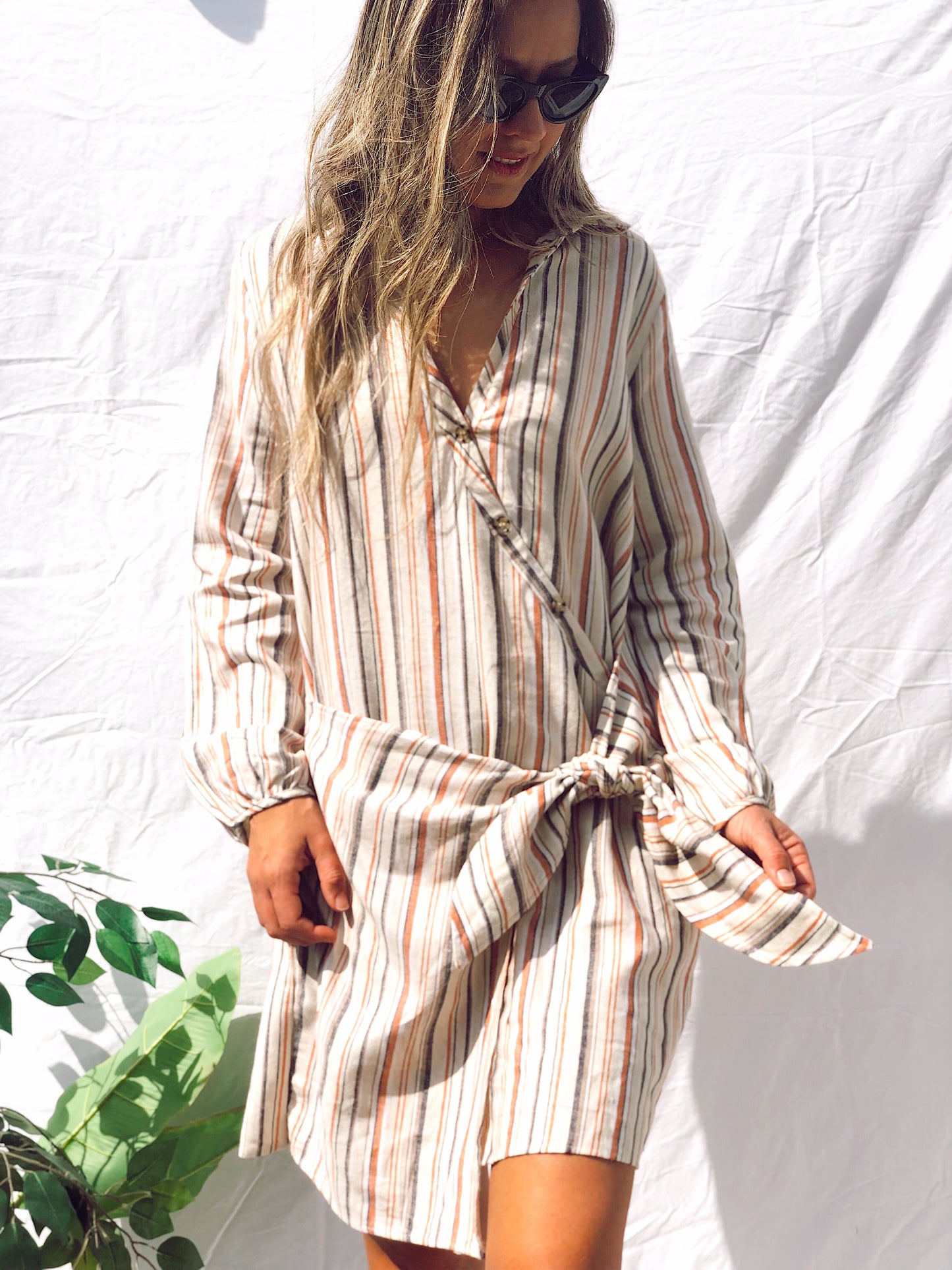 Bianca Stripe Front-Tie Long Sleeve Dress