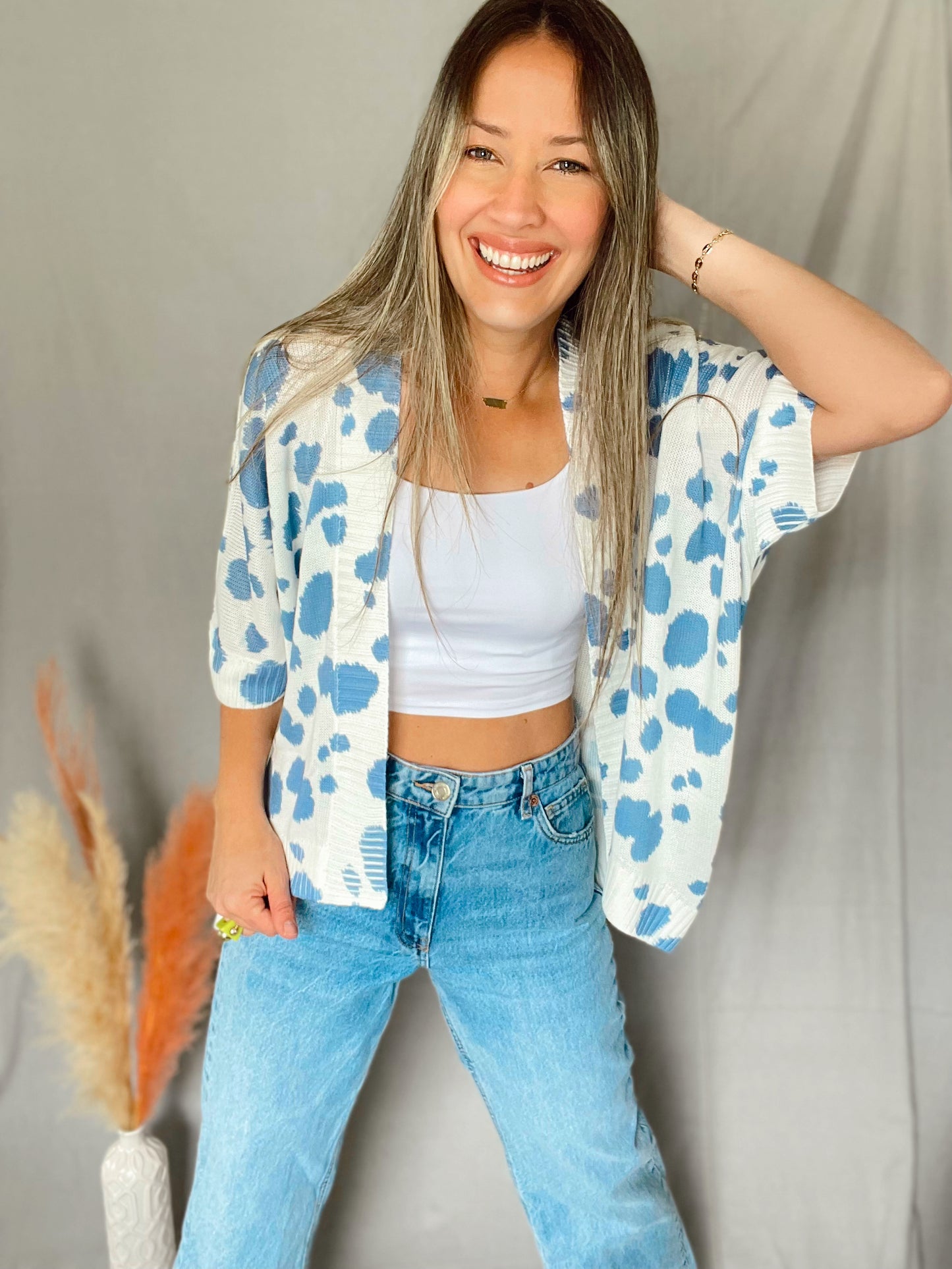 Vivi Blue White Animal Print Cardigan