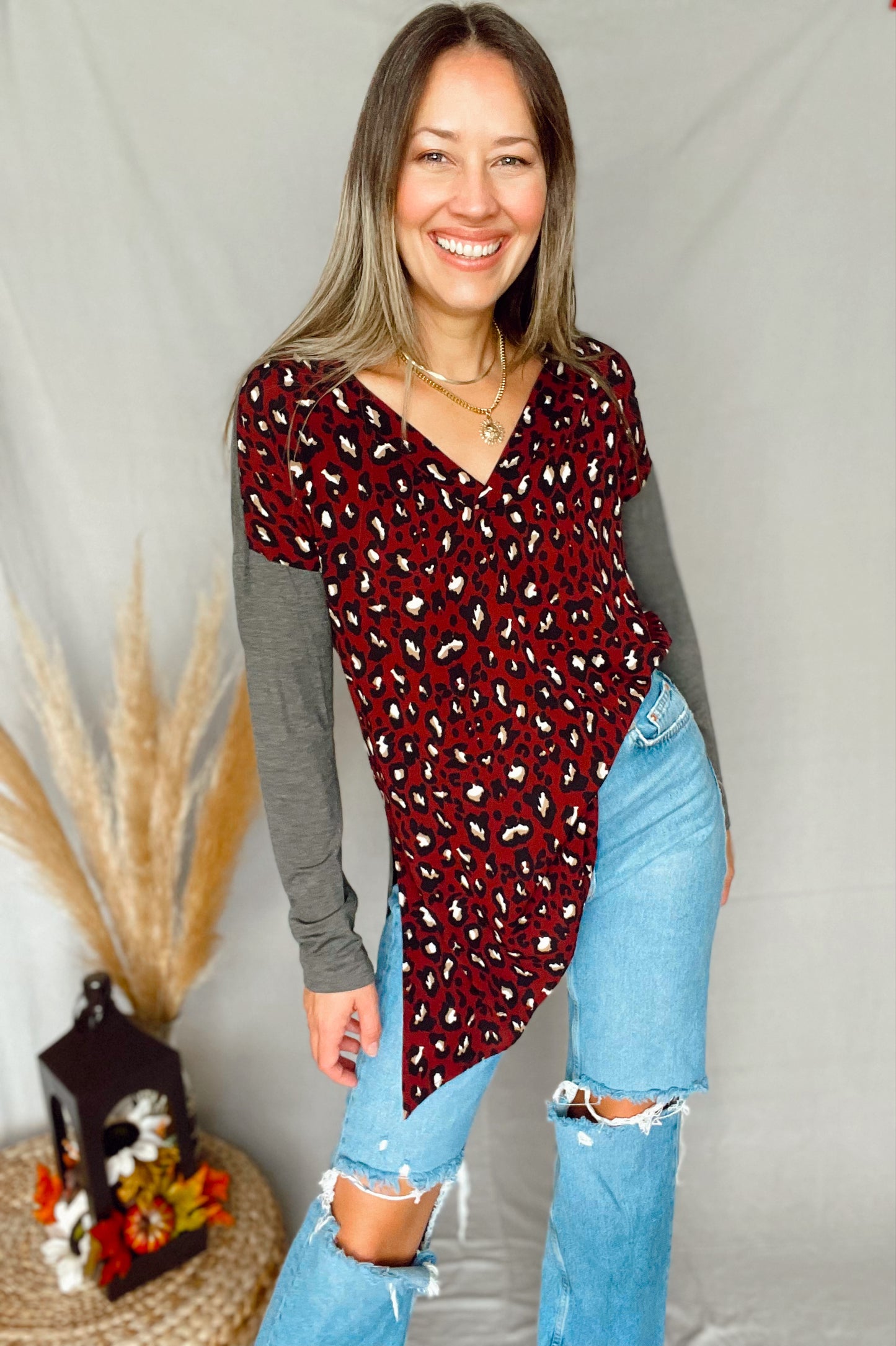Charcoal Animal Print Asymetric Top