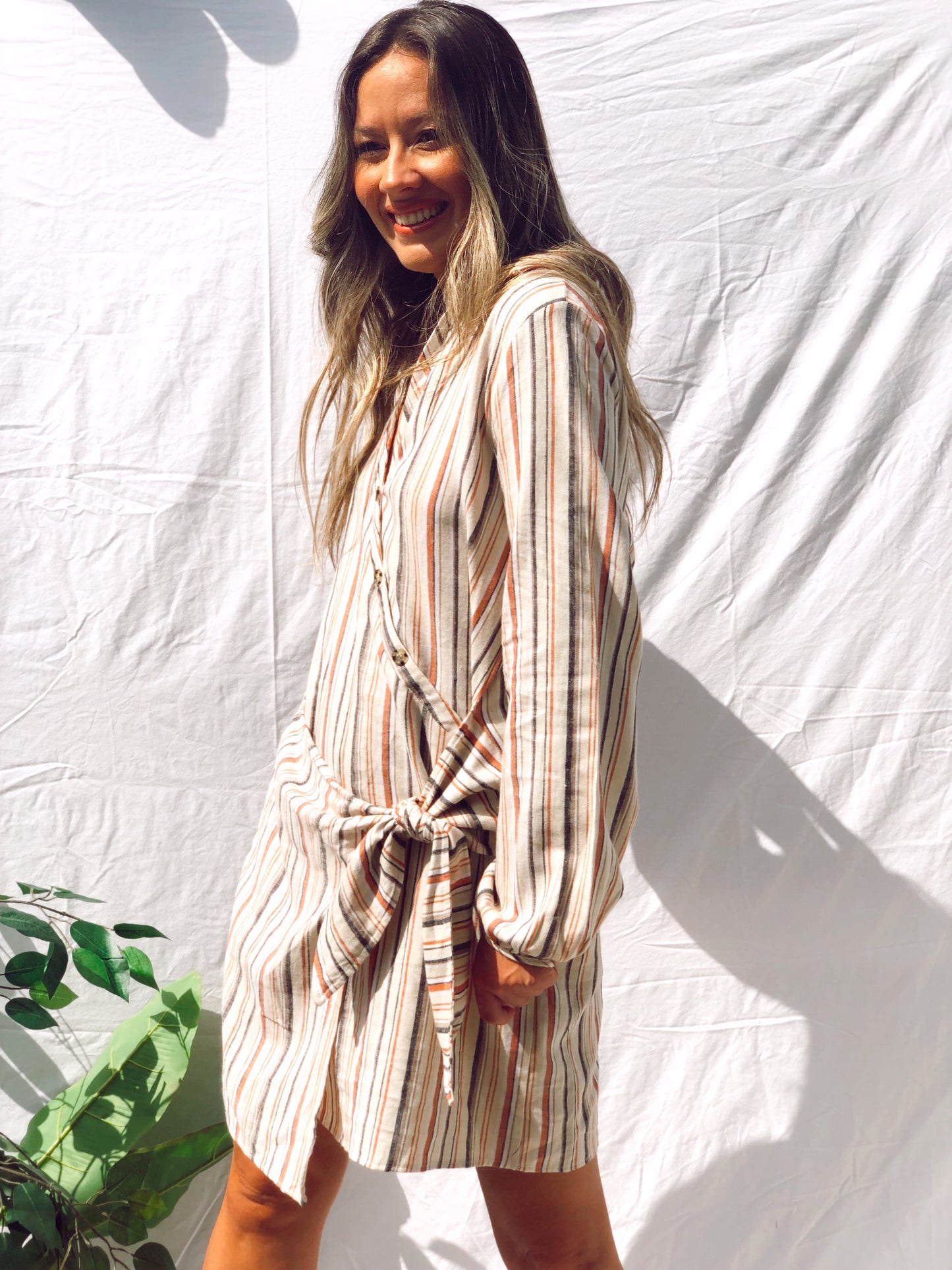Bianca Stripe Front-Tie Long Sleeve Dress