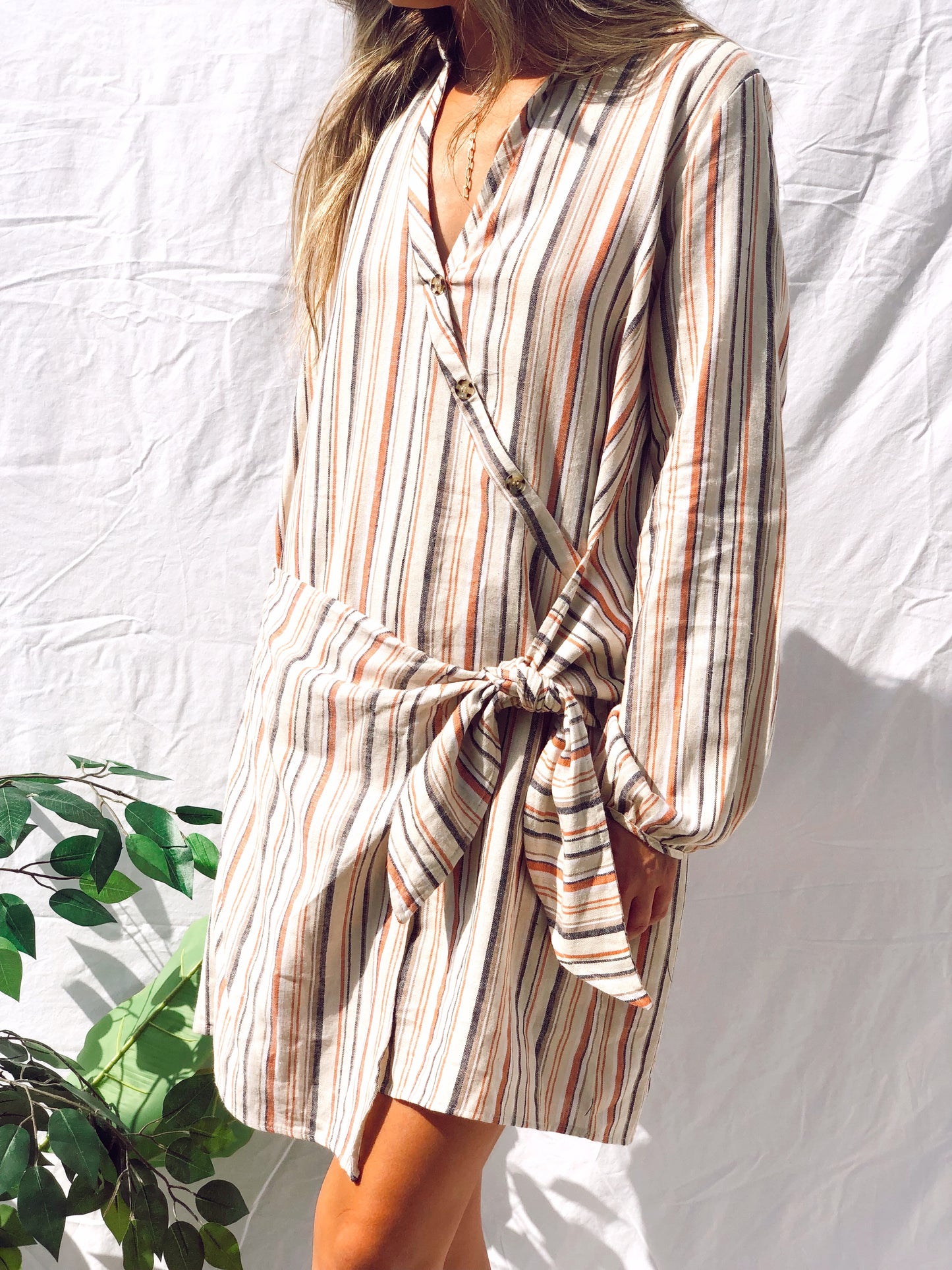 Bianca Stripe Front-Tie Long Sleeve Dress