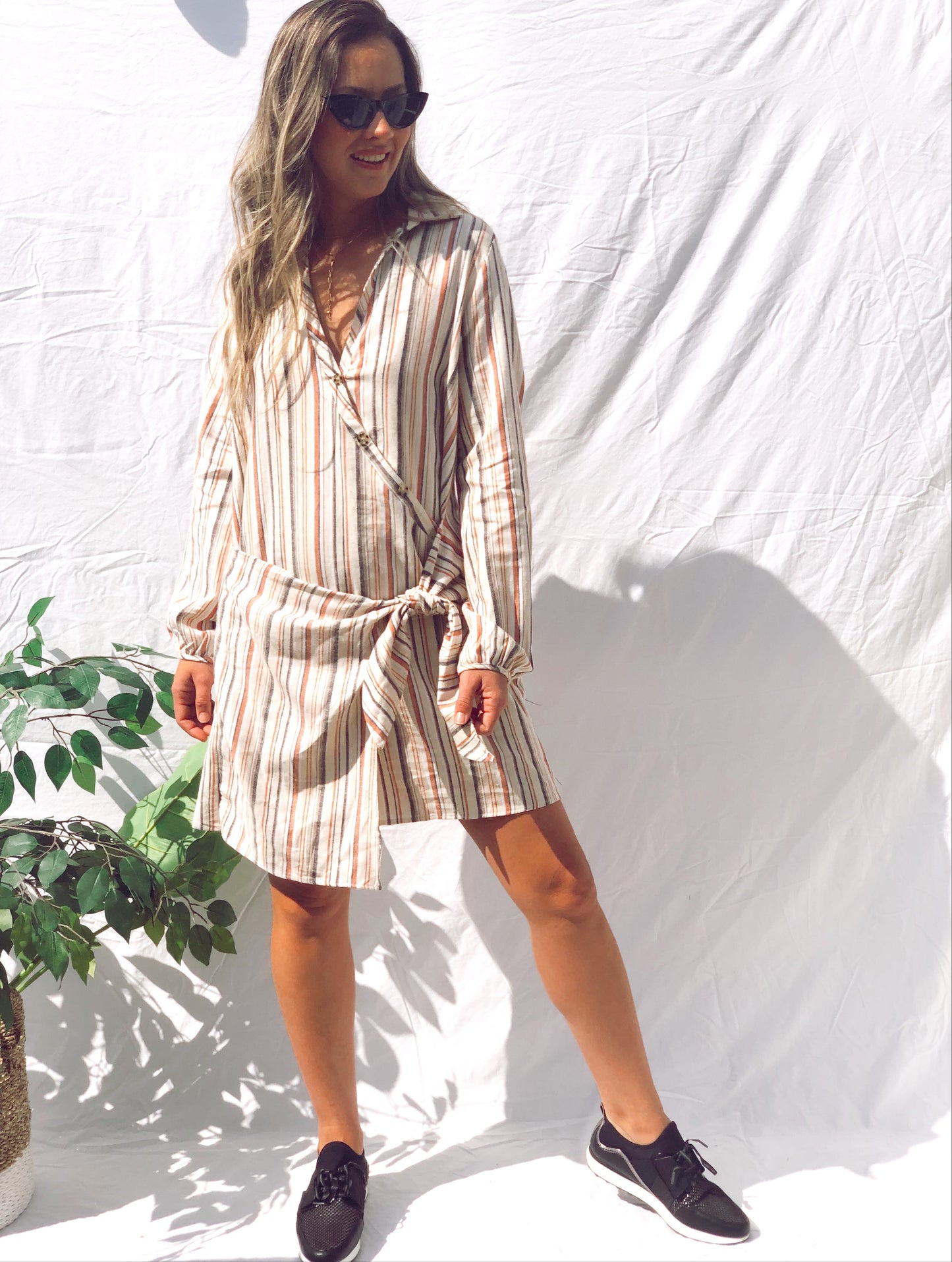 Bianca Stripe Front-Tie Long Sleeve Dress