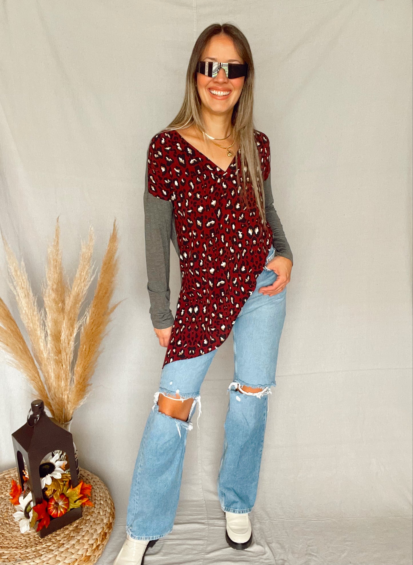 Charcoal Animal Print Asymetric Top