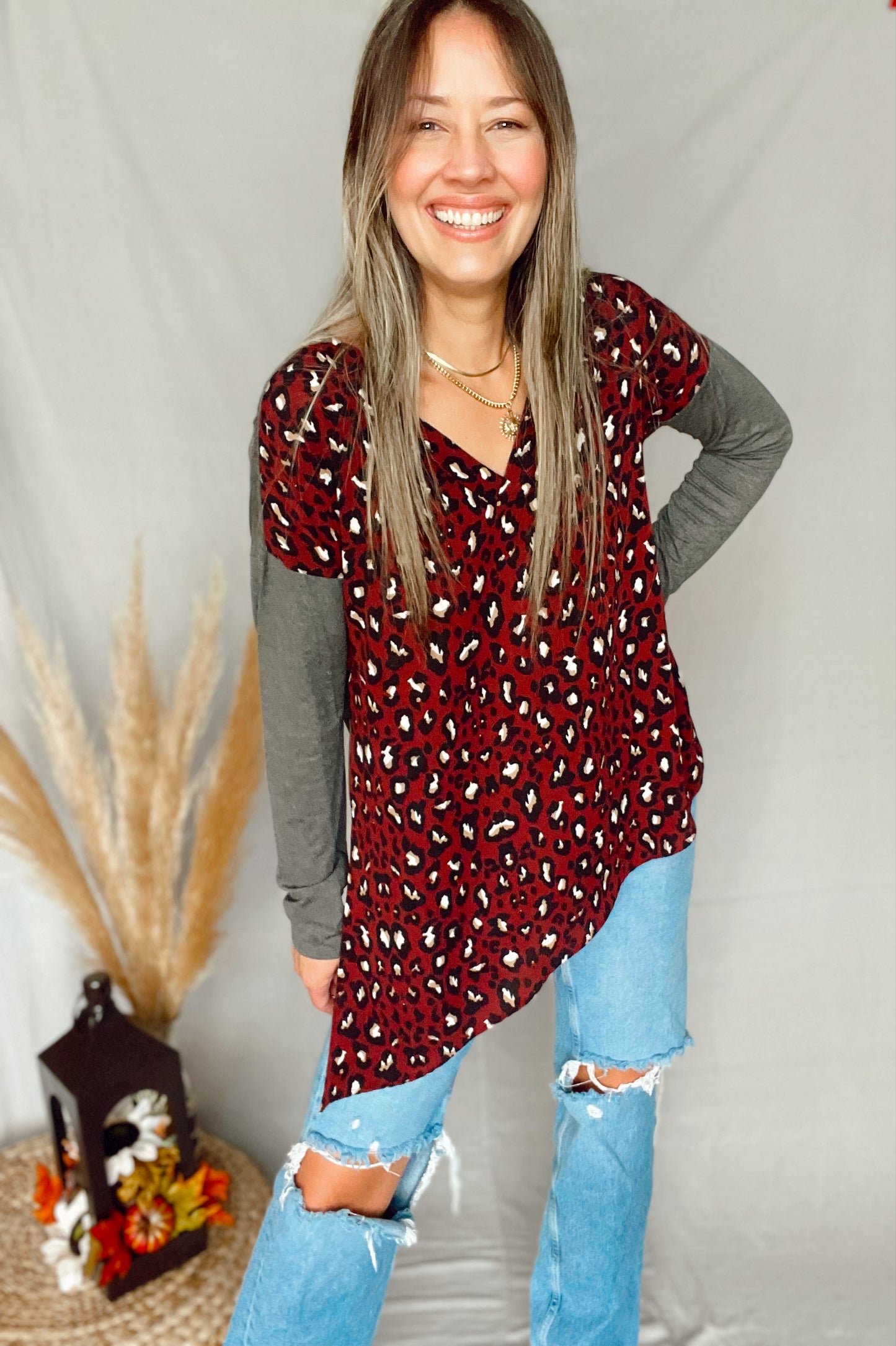 Charcoal Animal Print Asymetric Top