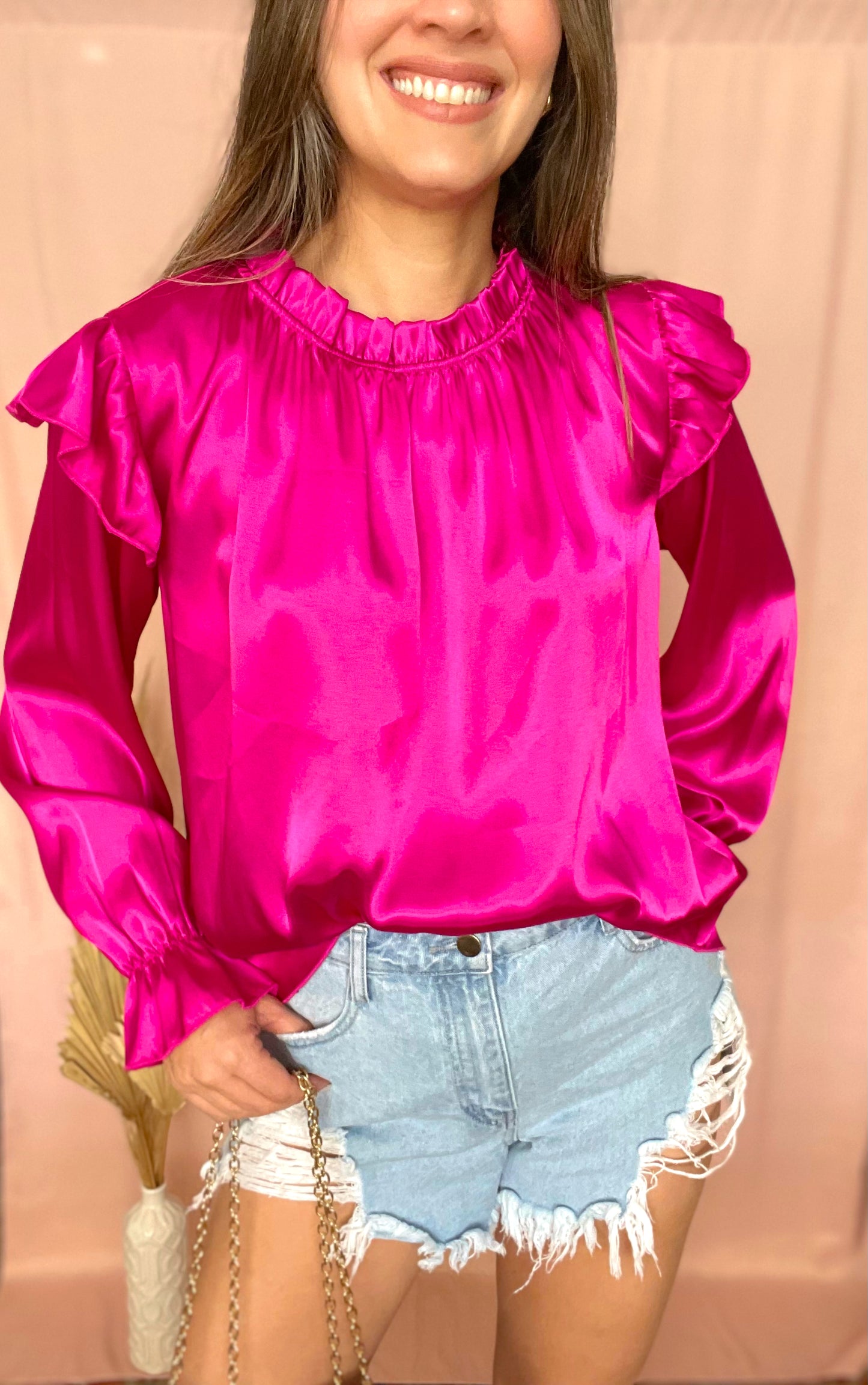 Fuchsia Ruffle Long Sleeve Metallic Top