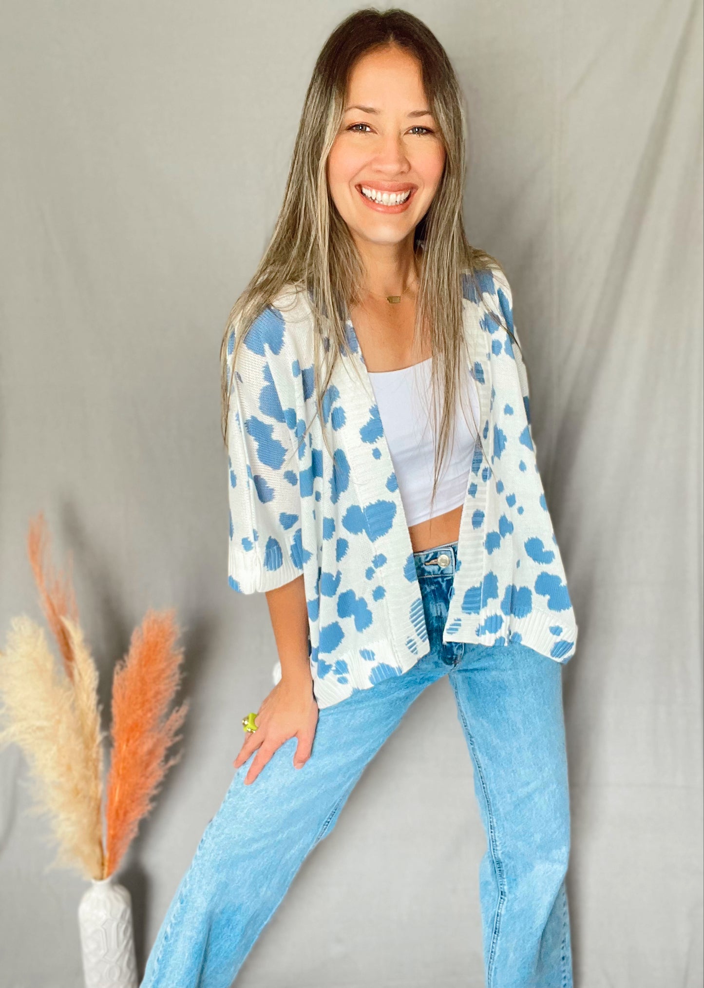 Vivi Blue White Animal Print Cardigan