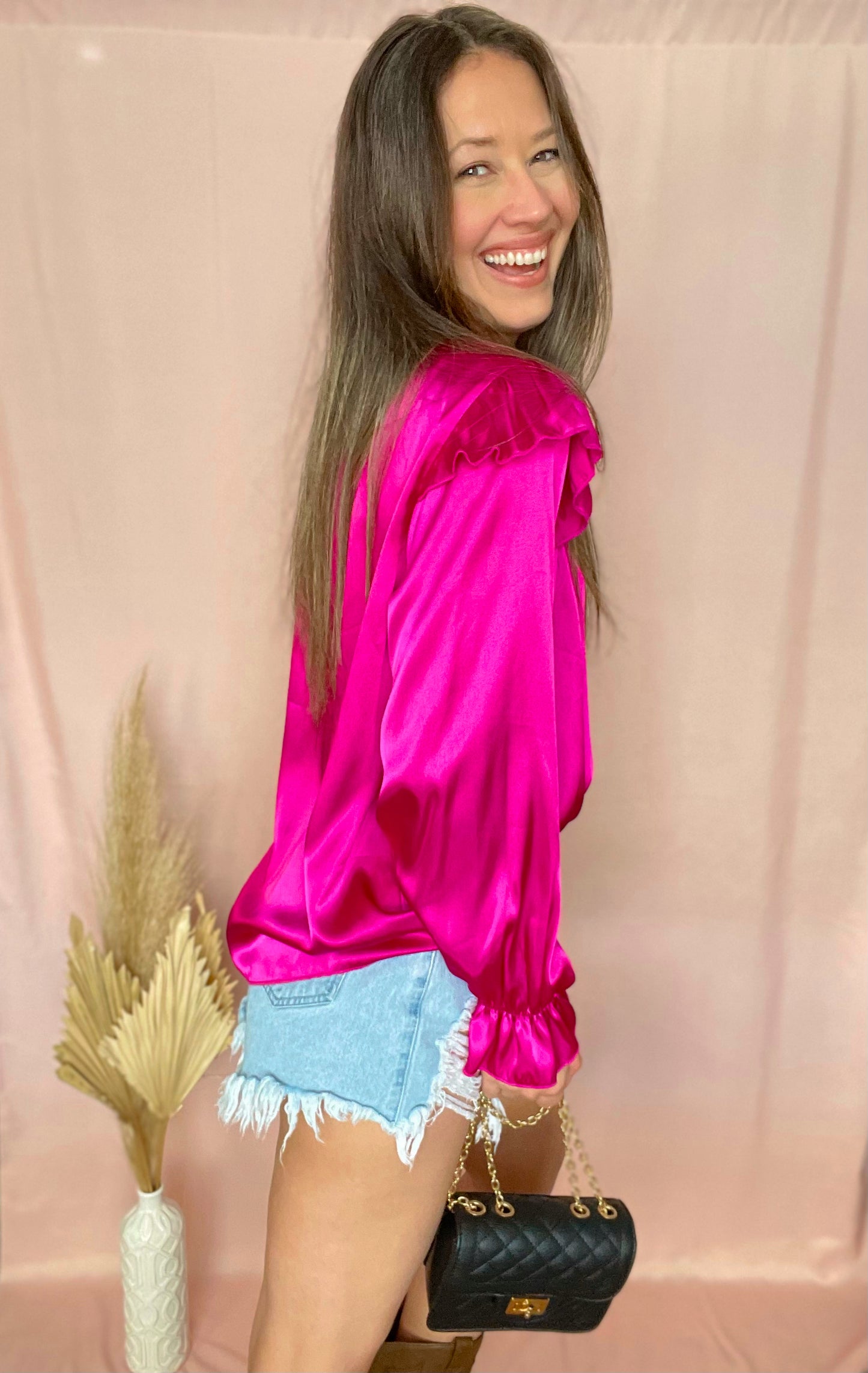 Fuchsia Ruffle Long Sleeve Metallic Top