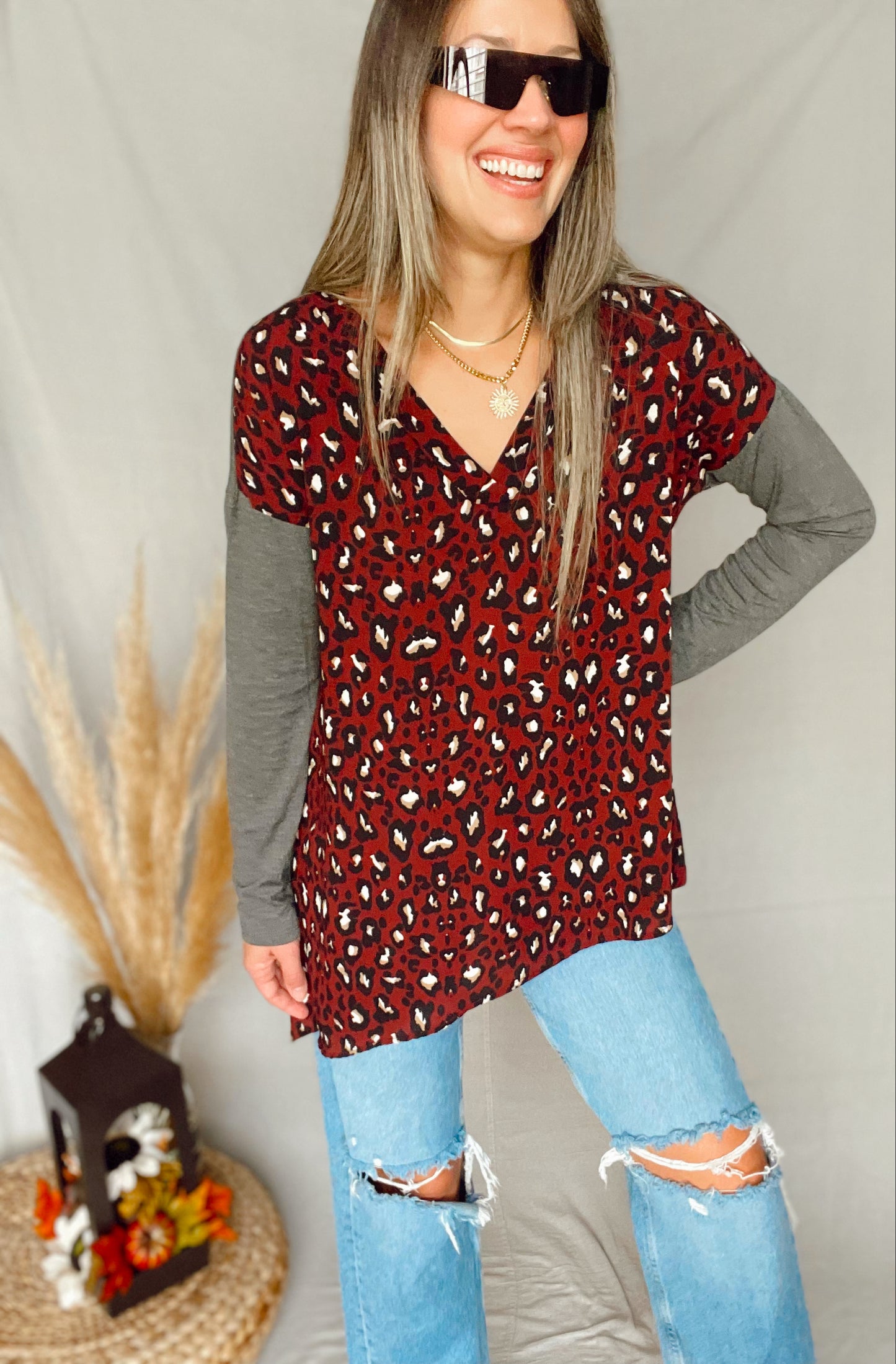 Charcoal Animal Print Asymetric Top