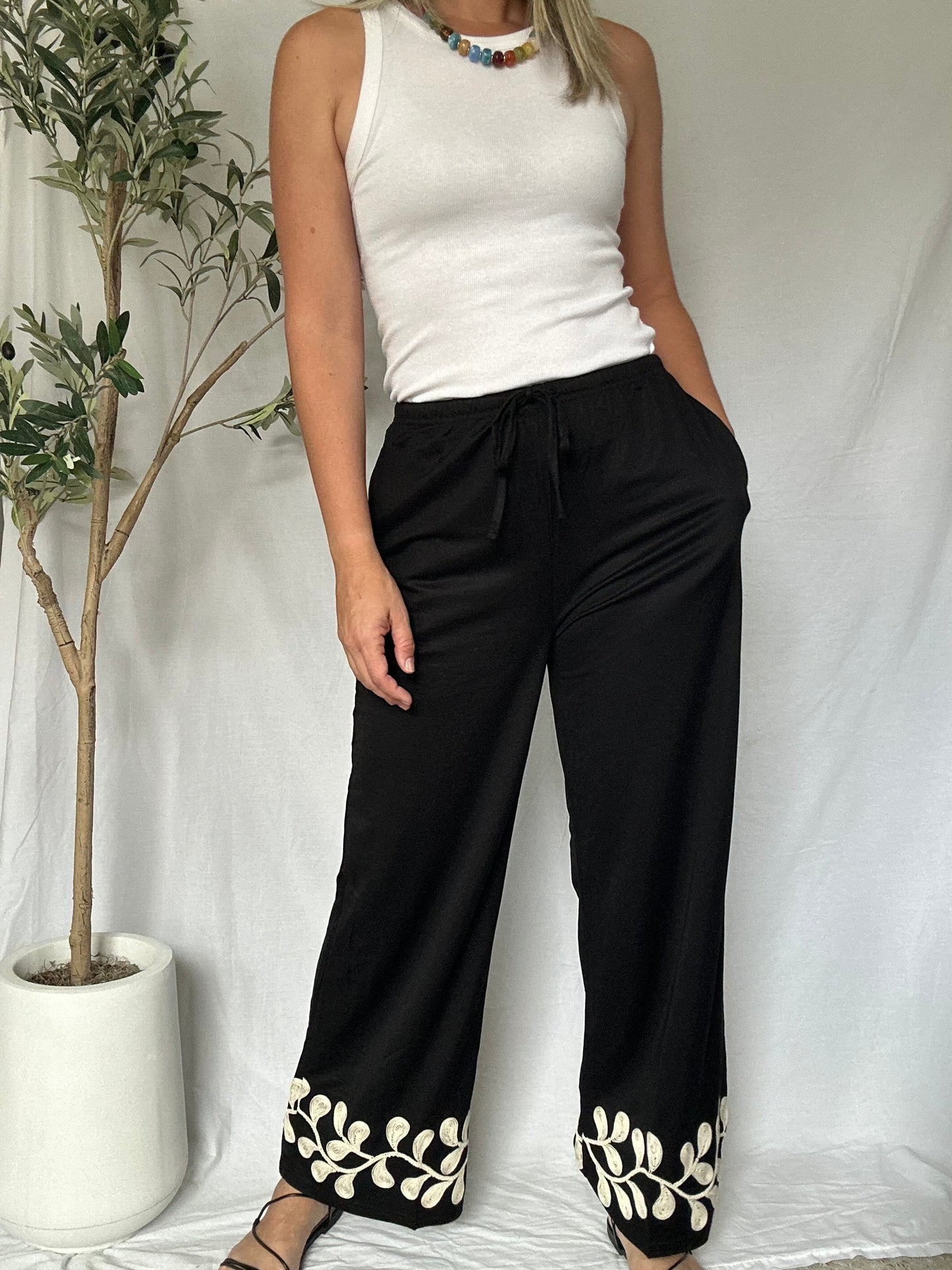 Iris Embroidery Black Pants