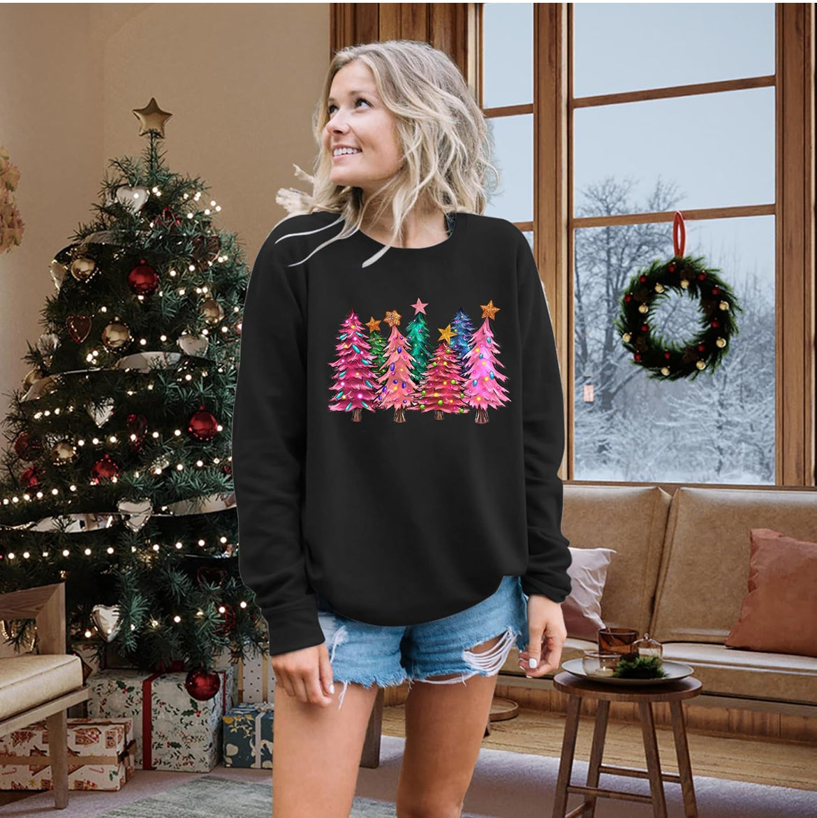 Colorful christmas tree black sweater
