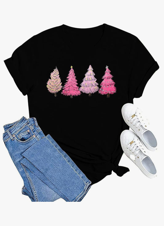 Pink christmas Tree Black T-shirt