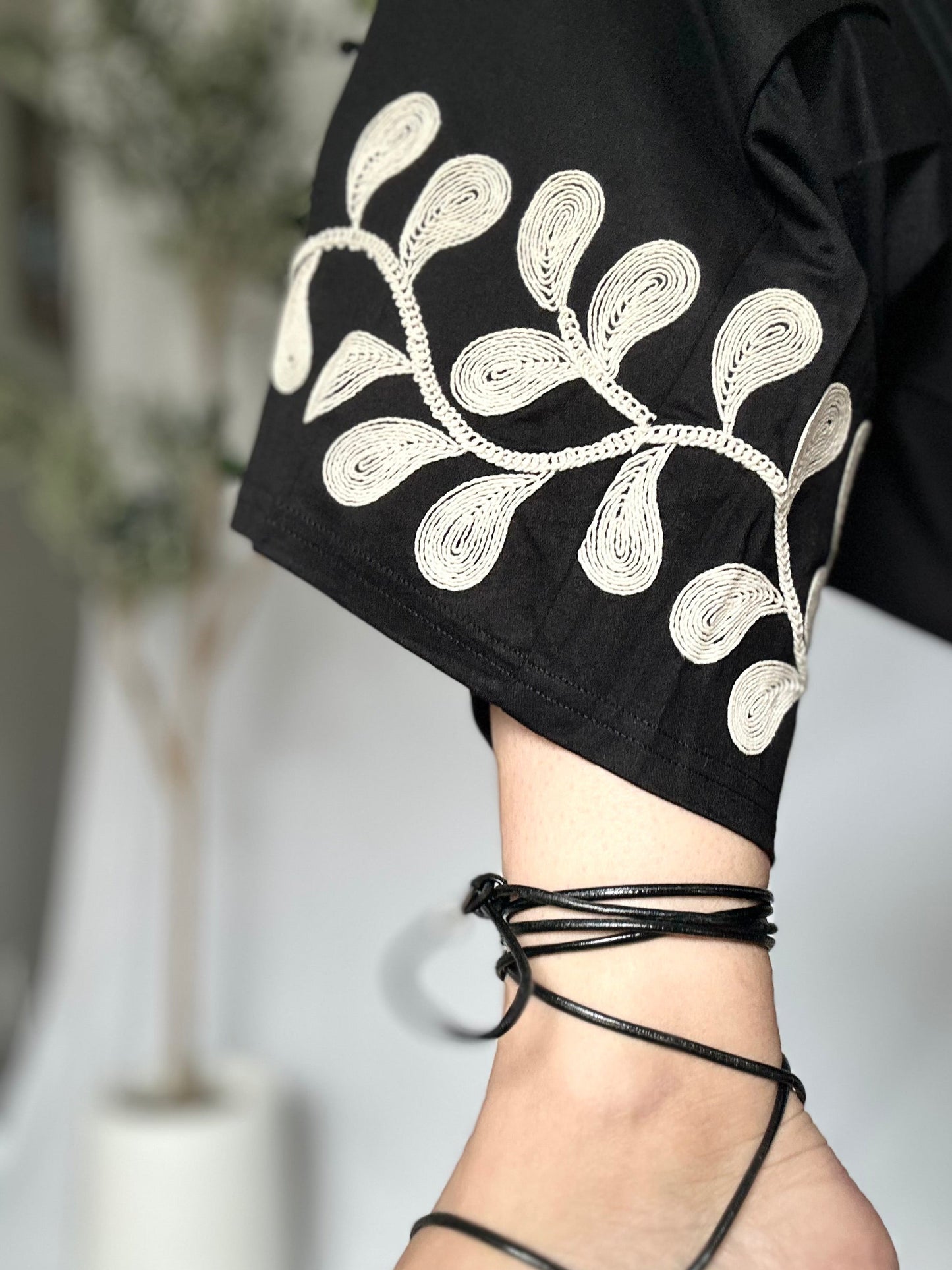 Iris Embroidery Black Pants