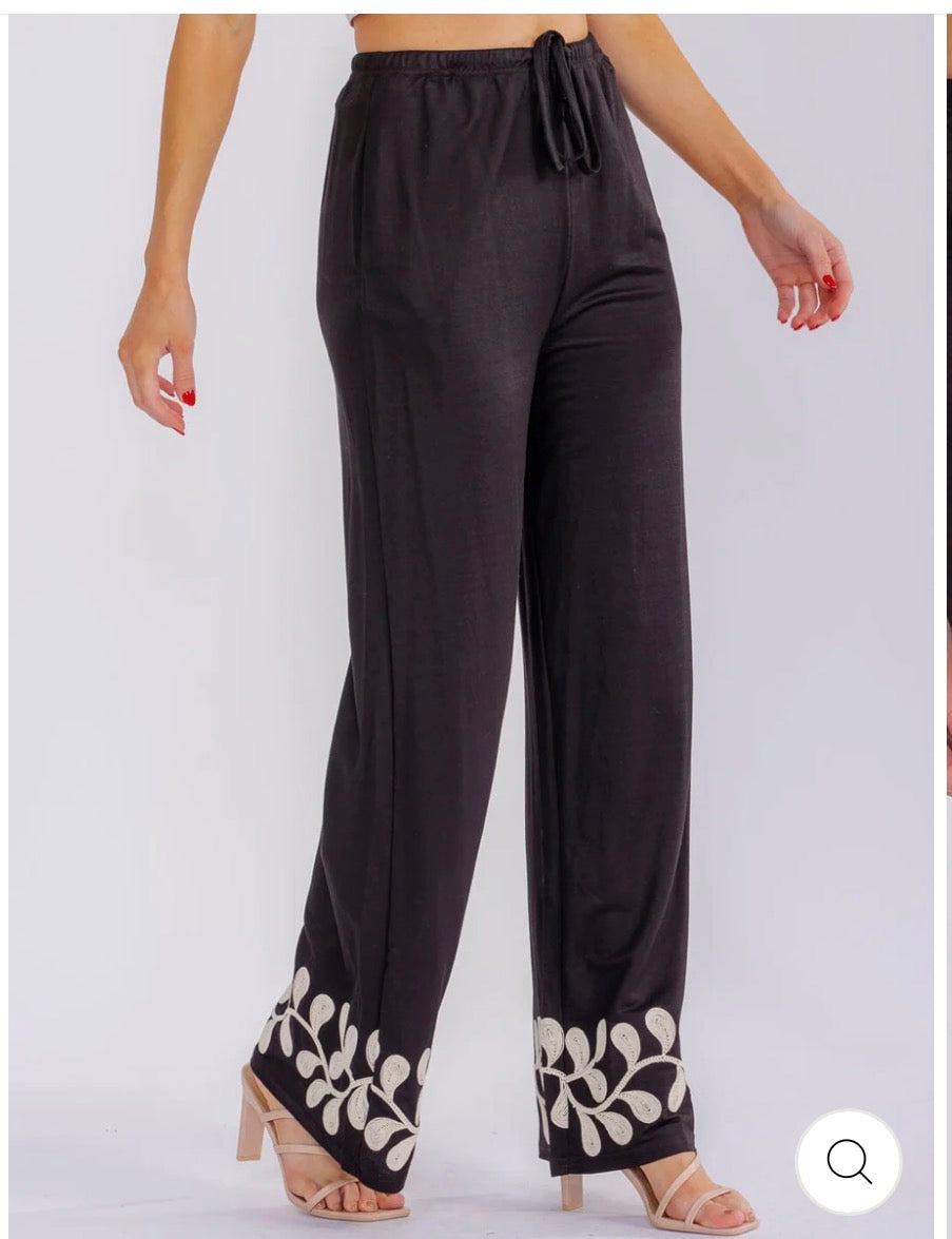Iris Embroidery Black Pants